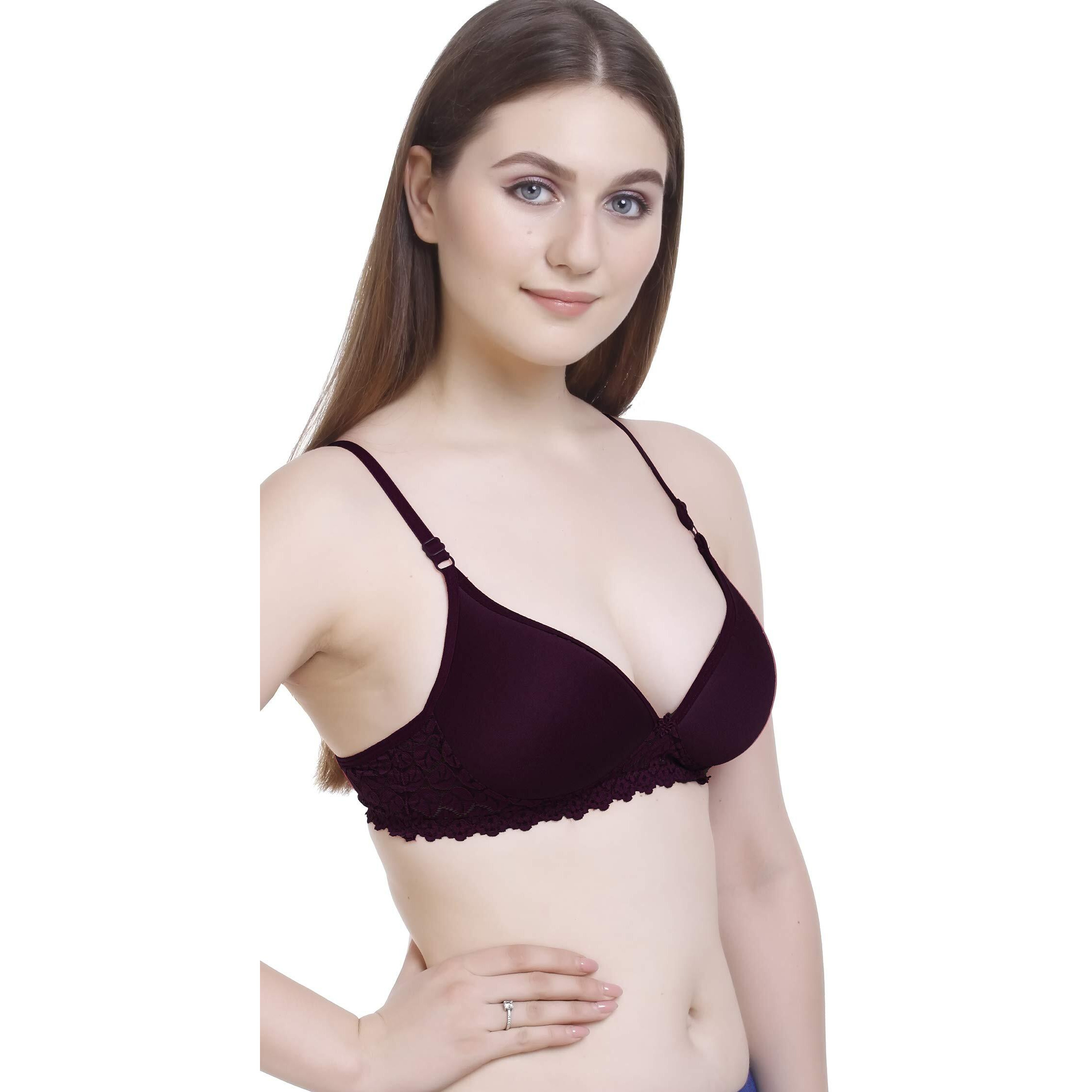 FIMS - Fashion is my style Women Padded Lace Cotton Non Wired Full Coverage T-Shirt Bra Shaper Bra Push up Bra Teenage Bra Regular Use Bra Comfortable Bra Purple-Rani-Size 30