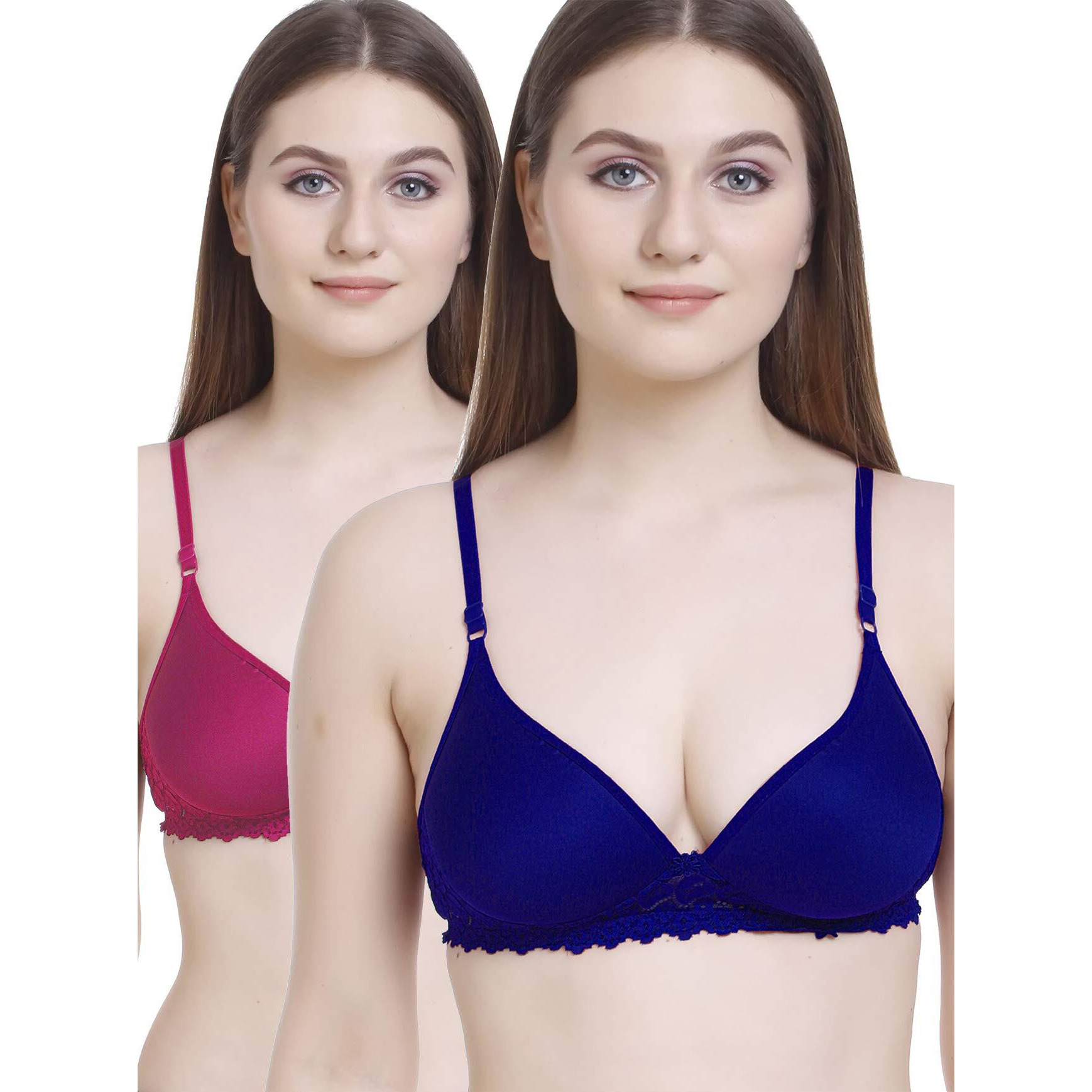 FIMS - Fashion is my style Women Padded Lace Cotton Non Wired Full Coverage T-Shirt Bra Shaper Bra Push up Bra Teenage Bra Regular Use Bra Comfortable Bra Blue-Dark Pink-Size 40