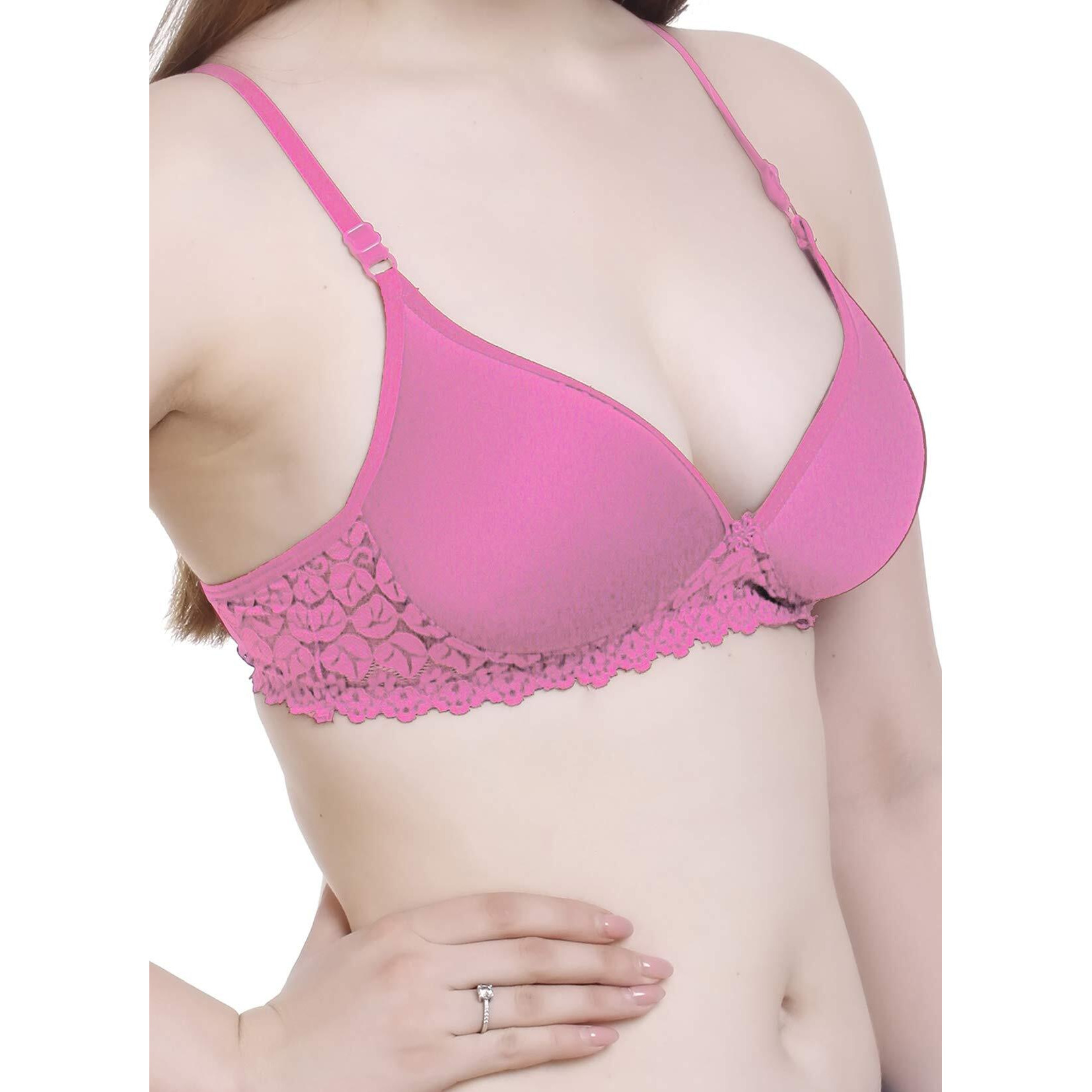 FIMS - Fashion is my style Women s Padded Lace Cotton Non Wired Full Coverage T-Shirt Bra Teenage Bra Regular Use Bra Comfortable Bra Pink-Size 30