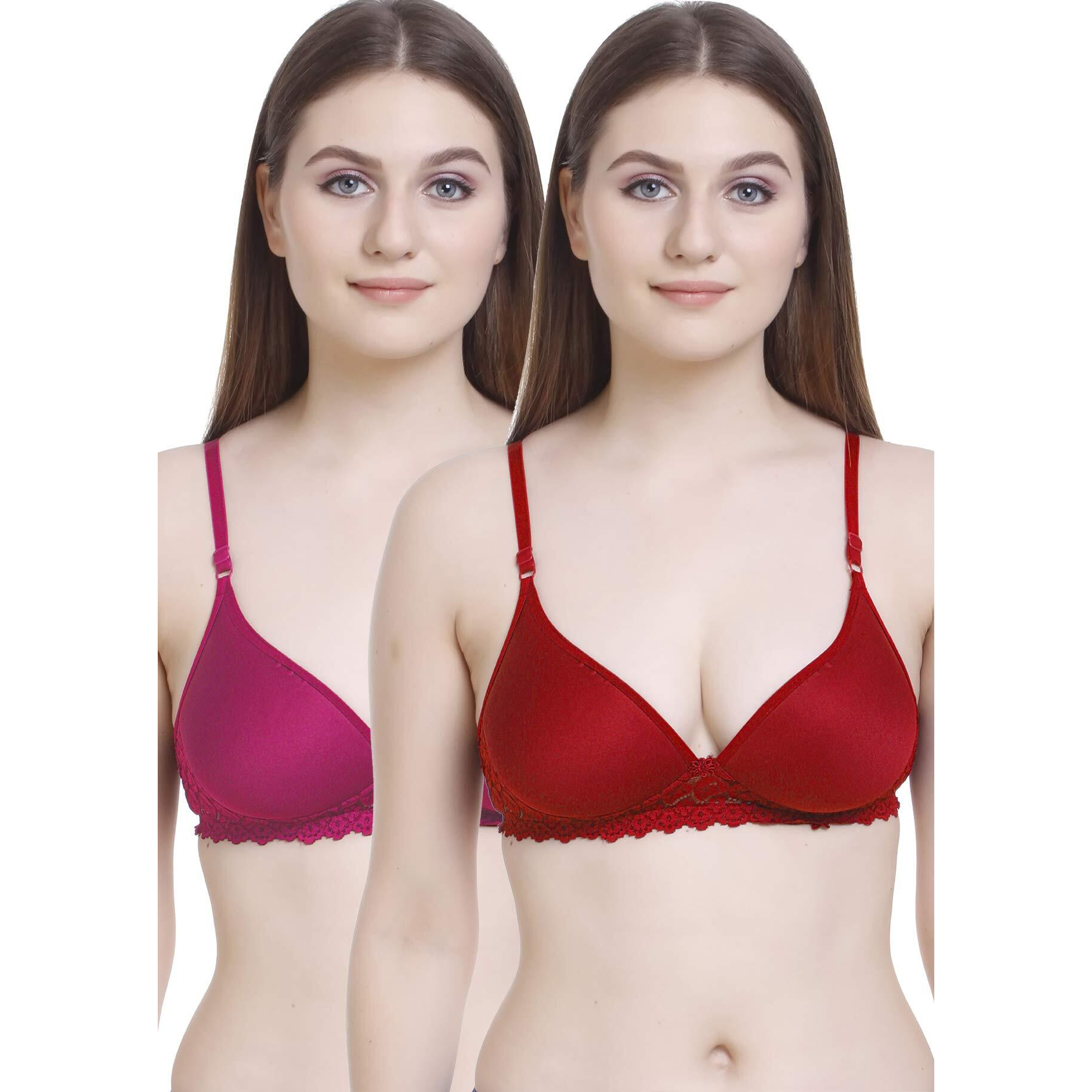 FIMS - Fashion is my style Women Padded Lace Cotton Non Wired Full Coverage T-Shirt Bra Shaper Bra Push up Bra Teenage Bra Regular Use Bra Comfortable Bra RED-Rani-Size 36