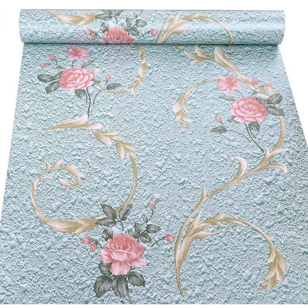 ANNA CREATIONS Self Adhesive Decorative Peel Stick Sea Green Waterproof Floral Wallpaper Removable Wall Sticker for Living Room Hall Decoration PVC Vinyl DIY Wall Stickers 45x304cm (Blue Flower)