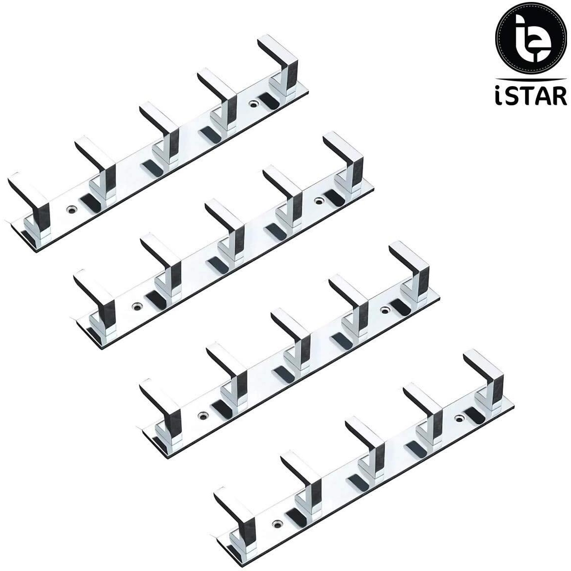 iSTAR 5 Pin Bathroom Cloth Hooks Hanger Door Wall Bedroom Bathroom Robe Hooks Rail for Hanging Keys,Clothes,Towel Steel Hook (Pack of 4, Silver)