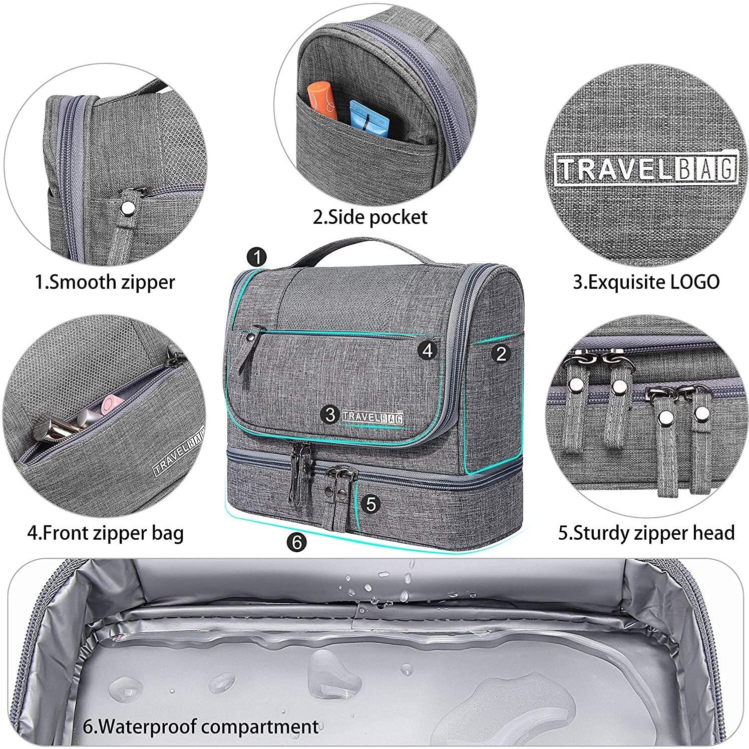 Seagull flight of fashion Polyester Toiletry Bag for Travel, Toiletry Organizer Pouch with Hook, Travel Accessories Kit Pouch for Men & Women - 24 x 20 x 13 cm - Grey