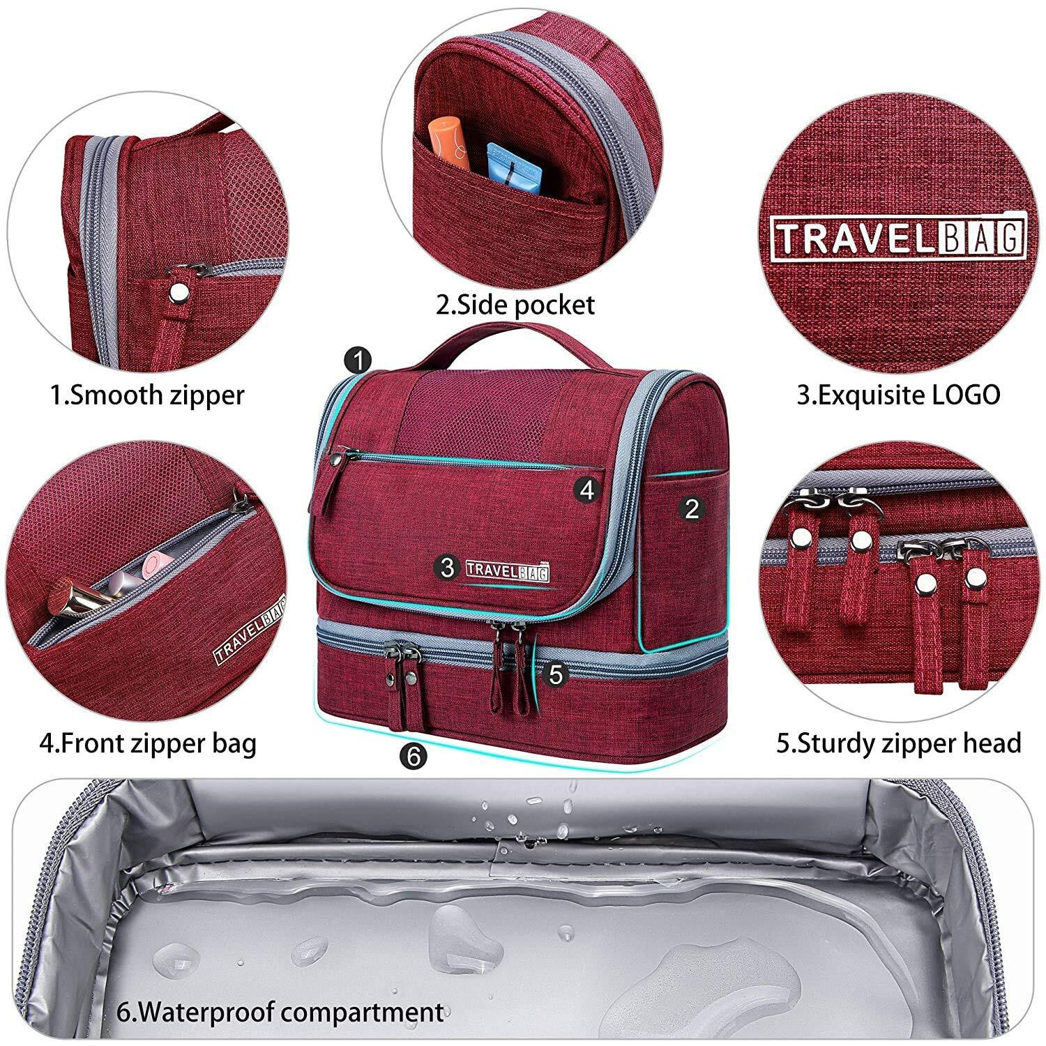 Seagull flight of fashion Toiletry Bag for Travel, Toiletry Organizer Pouch with Hook, Travel Accessories Kit Pouch for Men & Women - 24 x 20 x 13 cm - Wine Red