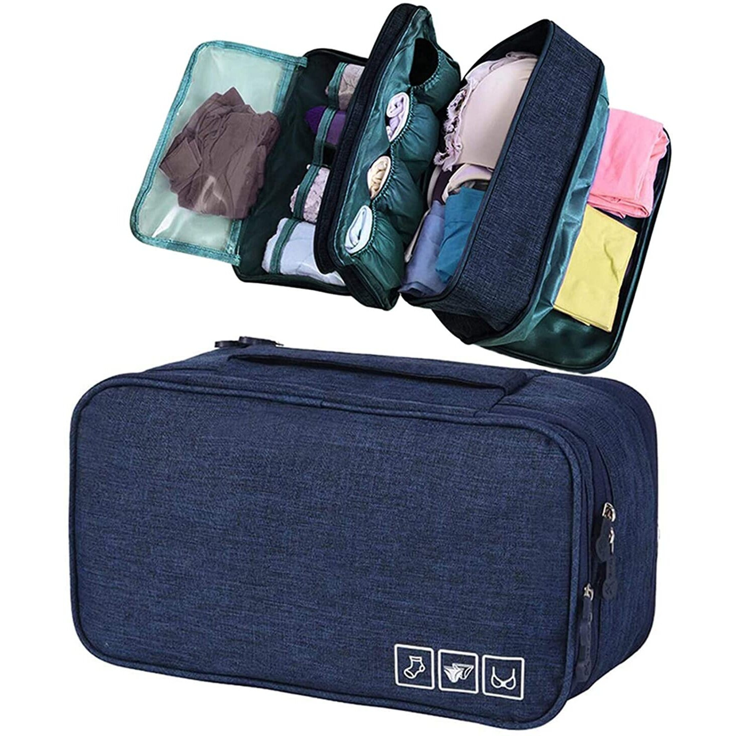 Seagull flight of fashion Polyester 3 Layer Lingerie Organizer Bag, Travel Pouch For Storage Of Bra, Underwear, Innerwear, Cosmetics, Toiletry For Women - 28 X 15 X 13 Cm - Navy Blue