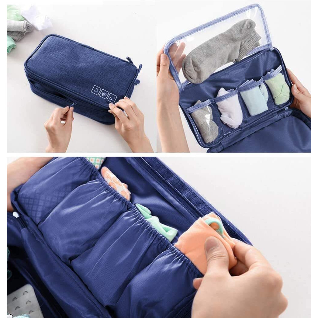 Seagull flight of fashion Polyester 3 Layer Lingerie Organizer Bag, Travel Pouch For Storage Of Bra, Underwear, Innerwear, Cosmetics, Toiletry For Women - 28 X 15 X 13 Cm - Navy Blue