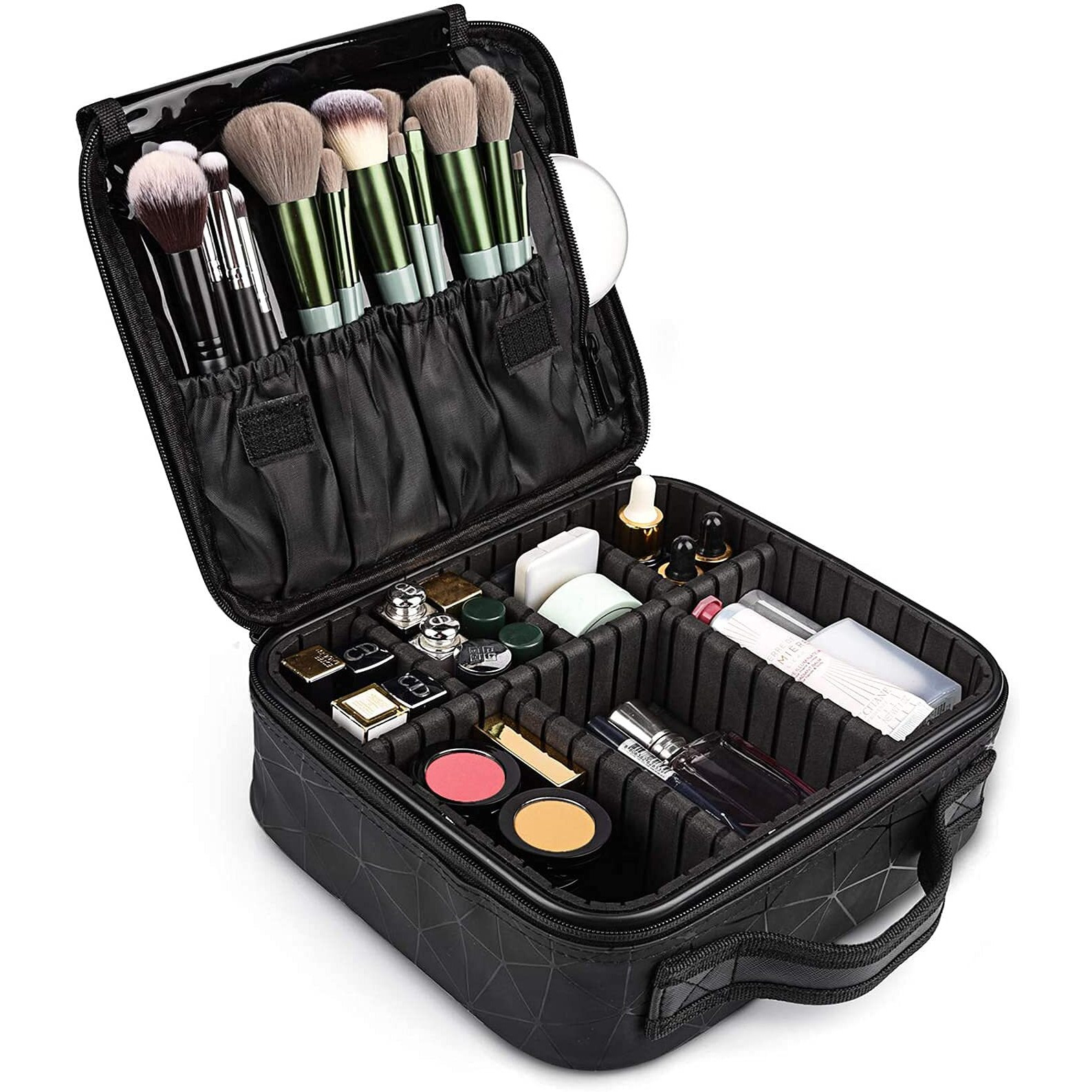 Seagull flight of fashion Cosmetic Bag, Makeup Organizer Bag for Home & Travel,Vanity Bag with Dividers for Brushes,Toiletries, Cosmetics 26 x 23 x 9 cm - Black Design PU