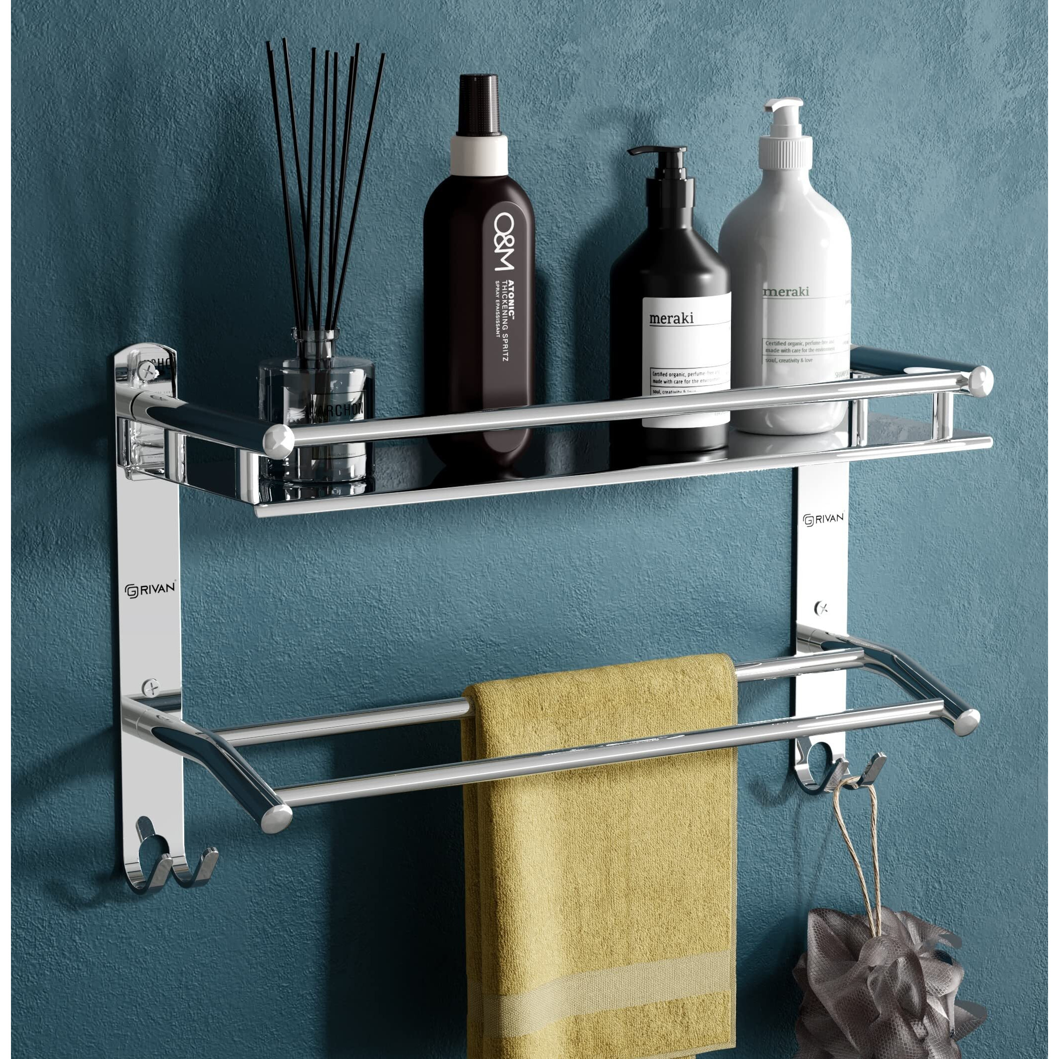 GRIVAN Multipurpose Stainless Steel Single Layer Shelf with Towel Rod I Multipurpose Wall Mount Bath Shelf Organizer l Bathroom Shelf and Rack I Bathroom Accessories - Chrome Finish, Silver