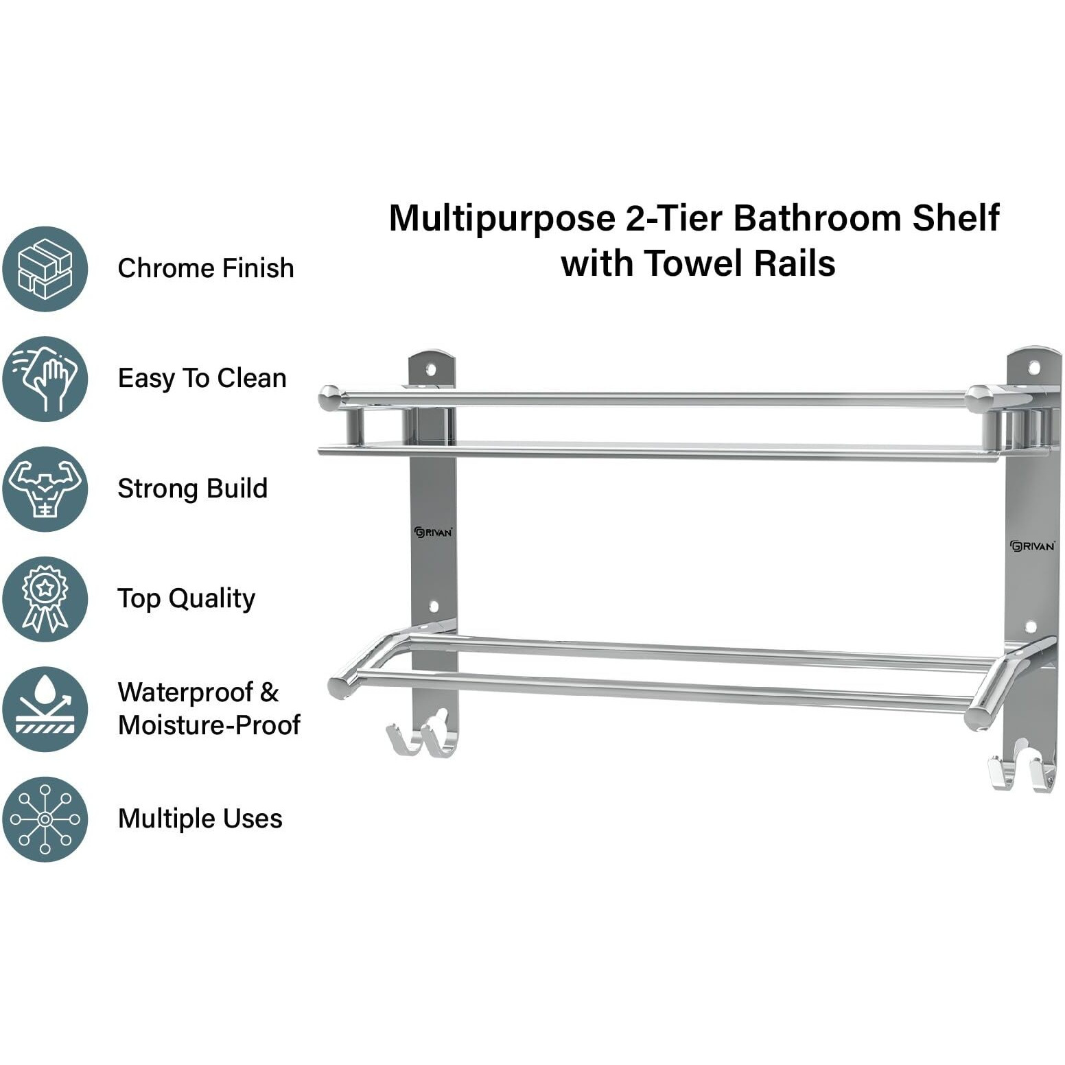 GRIVAN Multipurpose Stainless Steel Single Layer Shelf with Towel Rod I Multipurpose Wall Mount Bath Shelf Organizer l Bathroom Shelf and Rack I Bathroom Accessories - Chrome Finish, Silver