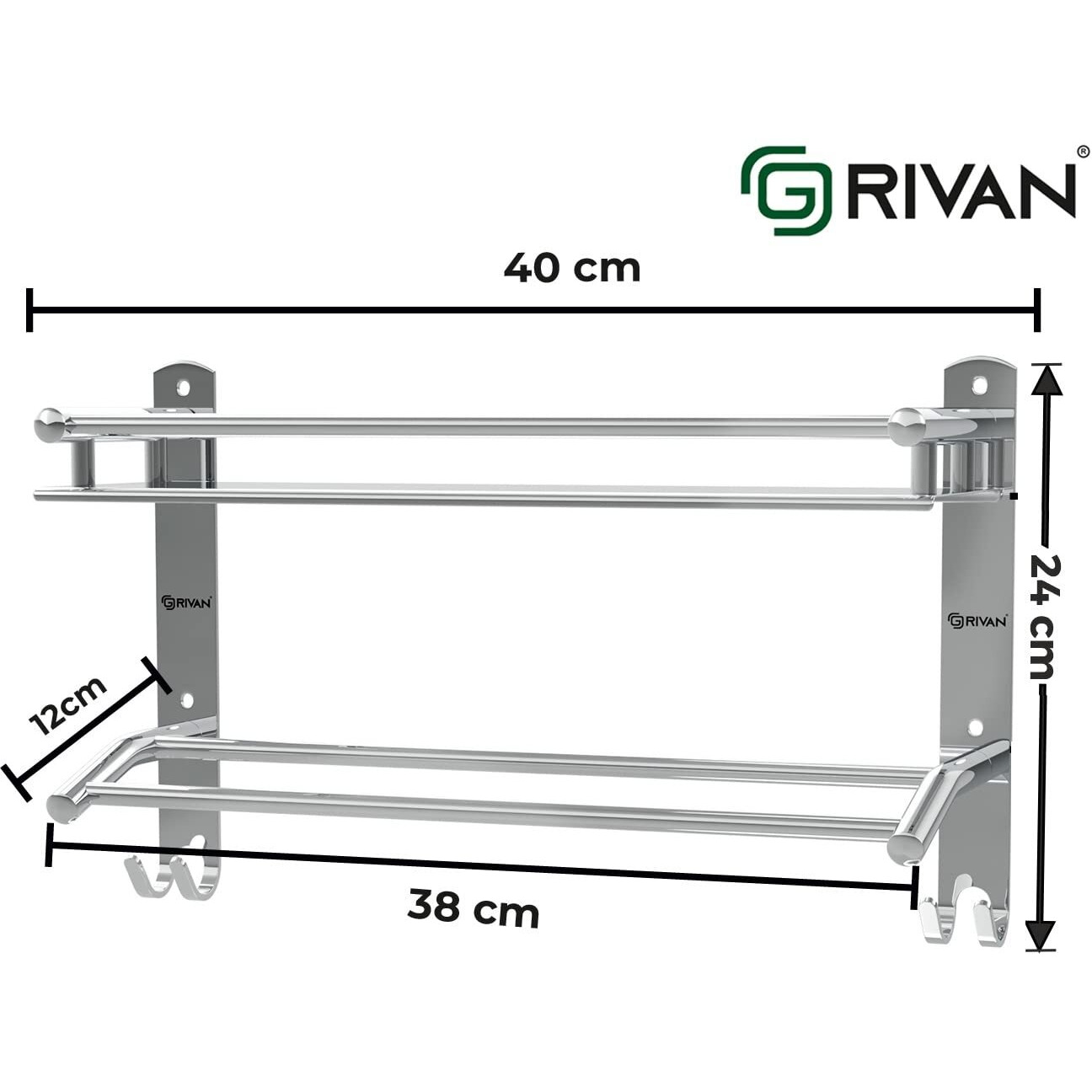 GRIVAN Multipurpose Stainless Steel Single Layer Shelf with Towel Rod I Multipurpose Wall Mount Bath Shelf Organizer l Bathroom Shelf and Rack I Bathroom Accessories - Chrome Finish, Silver