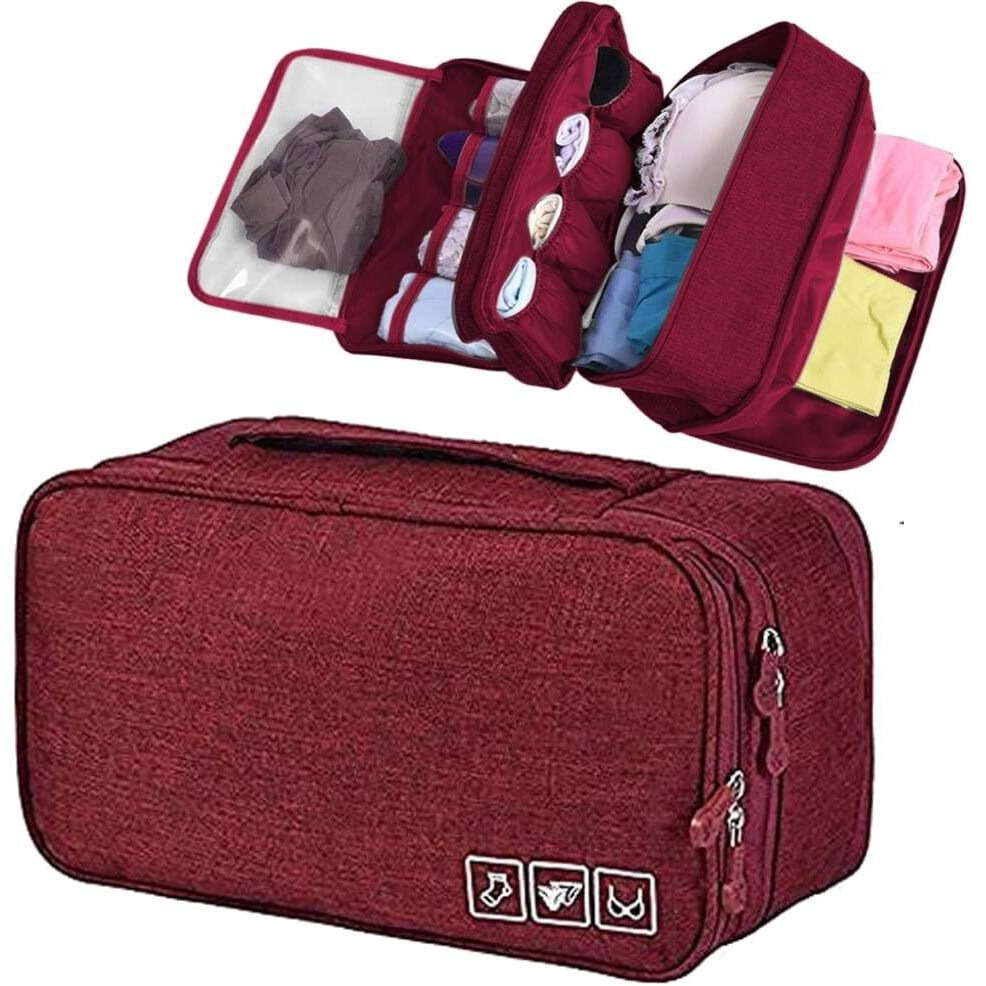 Seagull flight of fashion Polyester 3 Layer Lingerie Organizer Bag, Travel Pouch for Storage of Bra, Underwear, Innerwear, Cosmetics, Toiletry for Women - 28 X 15 X 13 Cm - Wine Red