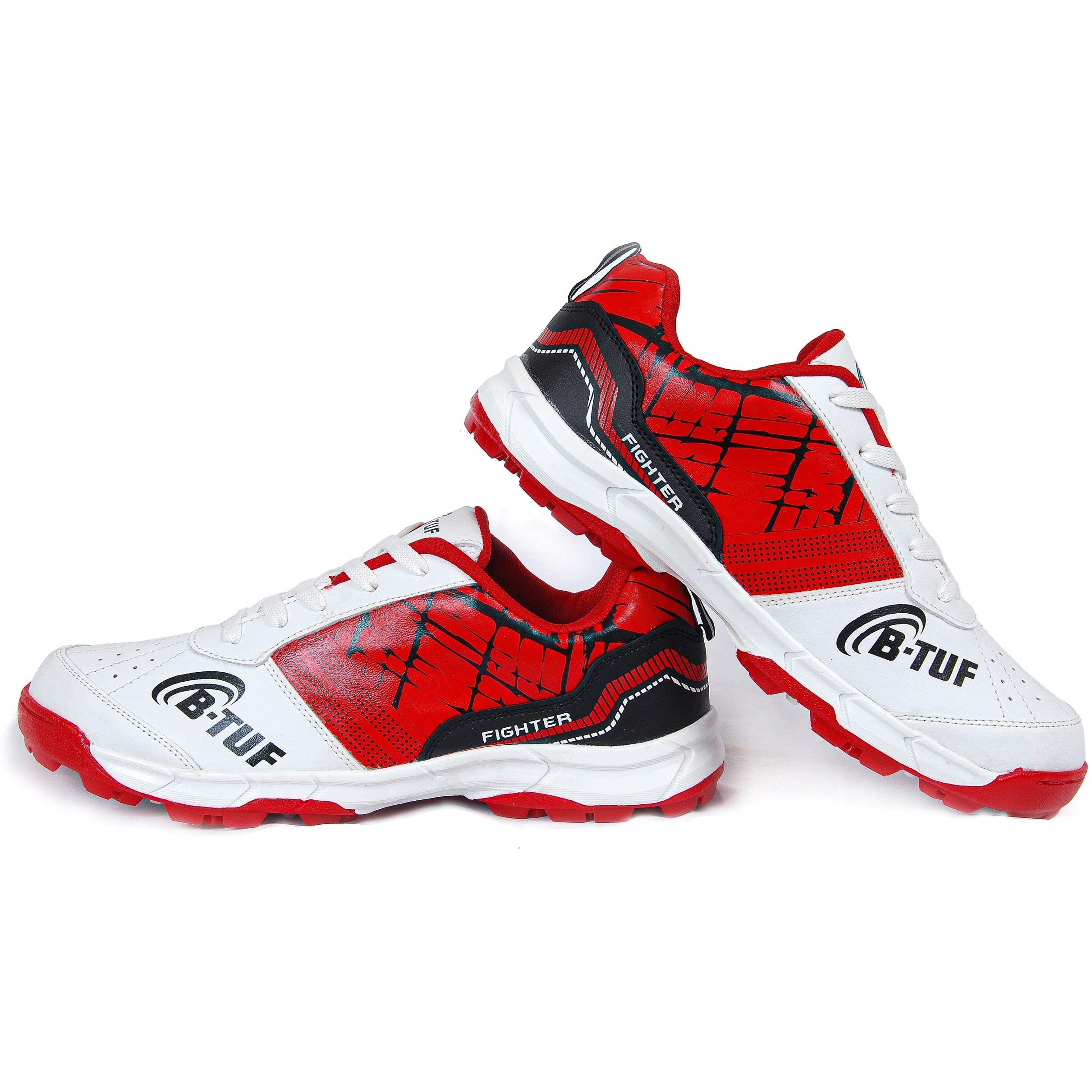 B-TUF Fighter Cricket Stud Shoes Spikes Sports for Men Women Boys Girls Kids (White/RED) Size India/UK 4