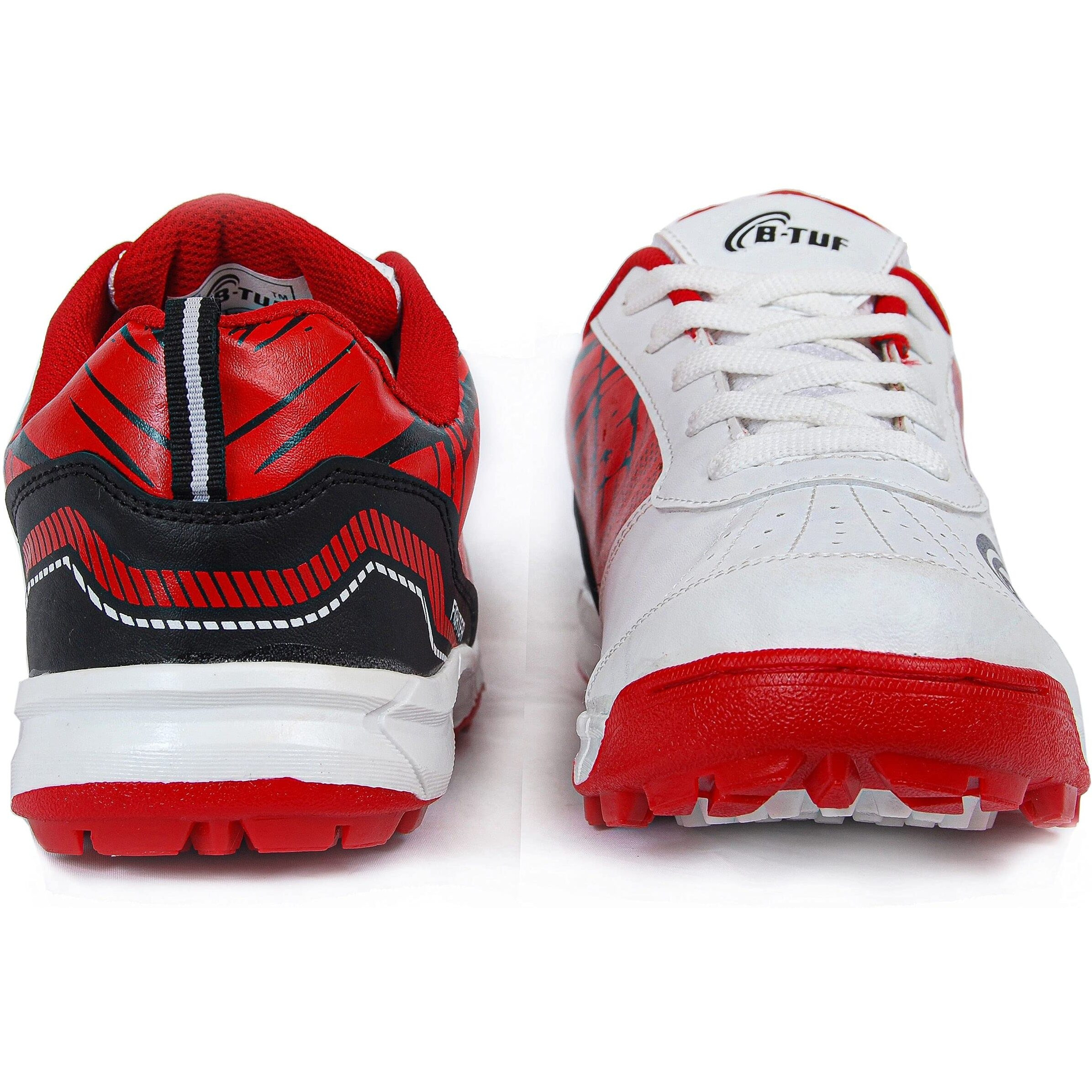 B-TUF Fighter Cricket Stud Shoes Spikes Sports for Men Women Boys Girls Kids (White/RED) Size India/UK 4