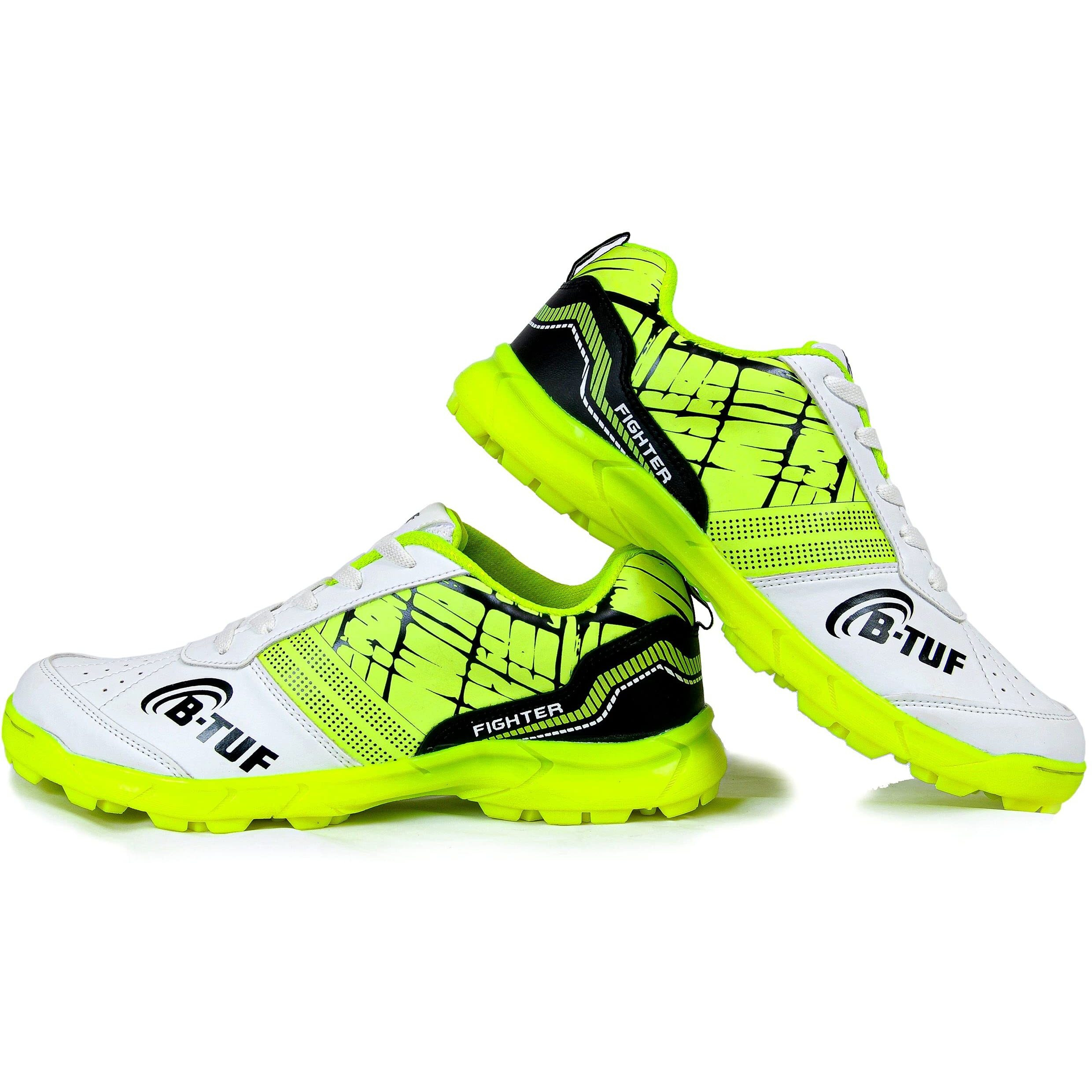 B-TUF Fighter Cricket Shoes/Studs Spikes Sports for Boys Girls Kids (White/Green) Size India/UK 2