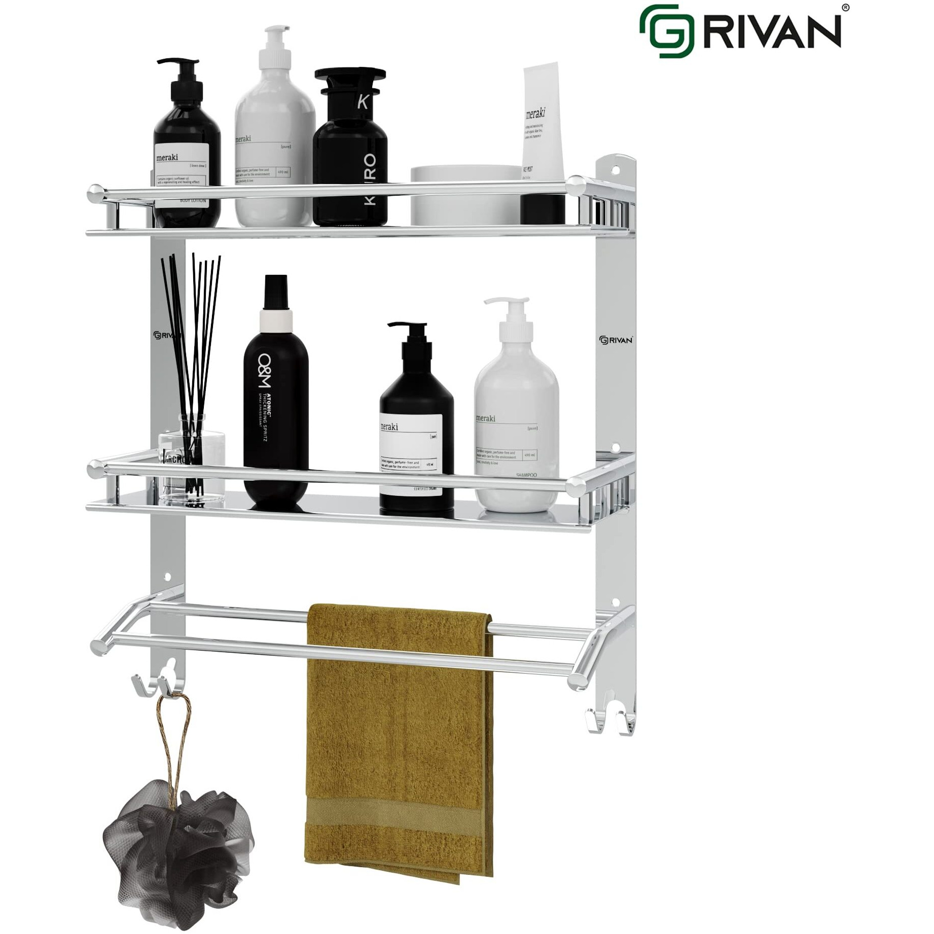 GRIVAN Multipurpose Stainless Steel Double Layer Shelf with Towel Rod I Multipurpose Wall Mount Bath Shelf Organizer l Bathroom Shelf and Rack I Bathroom Accessories - Chrome Finish, Silver