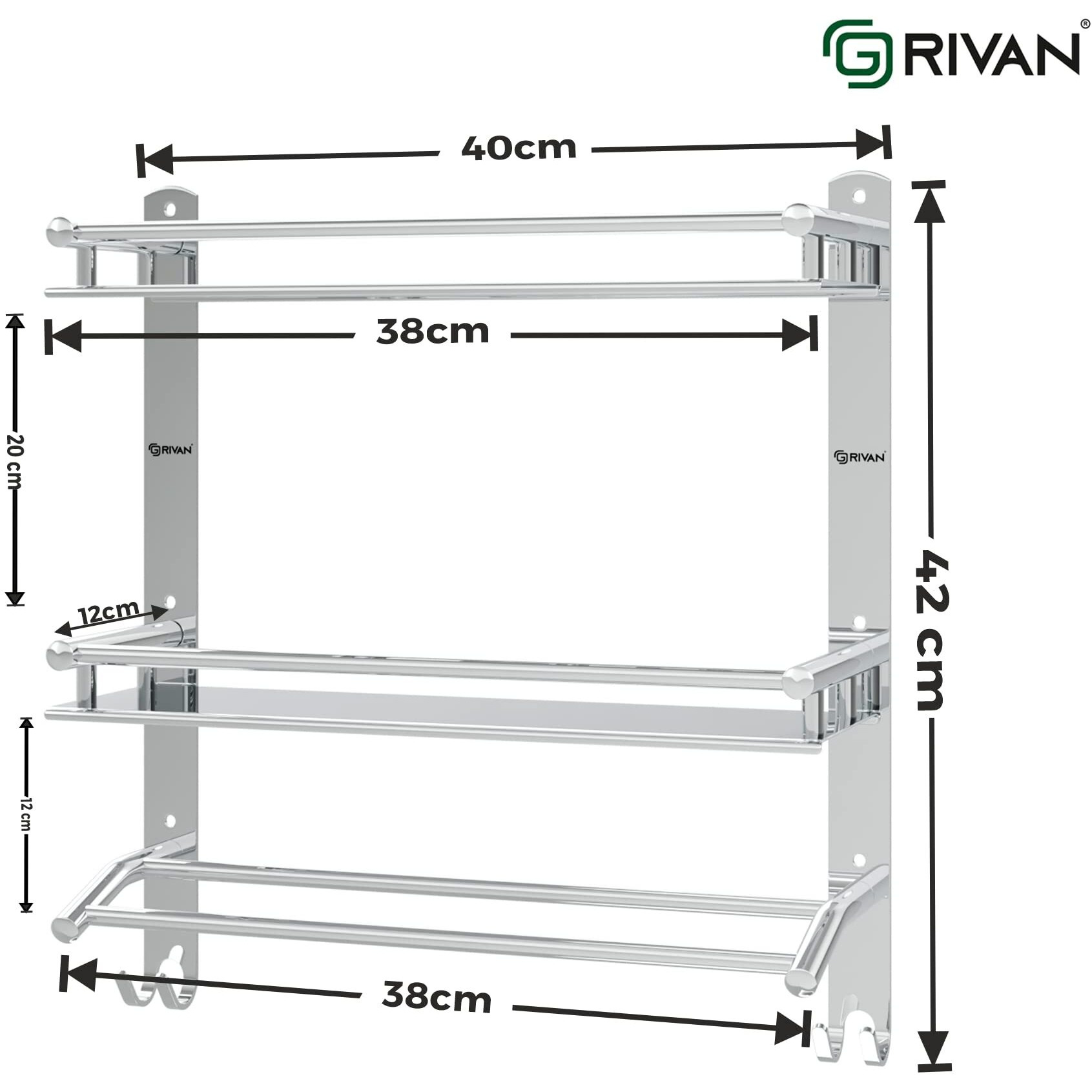 GRIVAN Multipurpose Stainless Steel Double Layer Shelf with Towel Rod I Multipurpose Wall Mount Bath Shelf Organizer l Bathroom Shelf and Rack I Bathroom Accessories - Chrome Finish, Silver