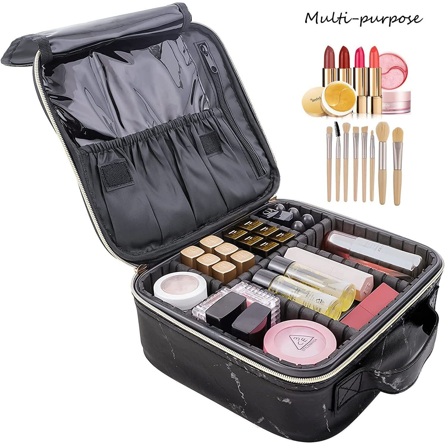 Seagull flight of fashion Cosmetic Bag, Makeup Organizer Bag for Home & Travel,Vanity Bag with Dividers for Brushes,Toiletries, Cosmetics 26 x 23 x 9 cm - Black Marble PU