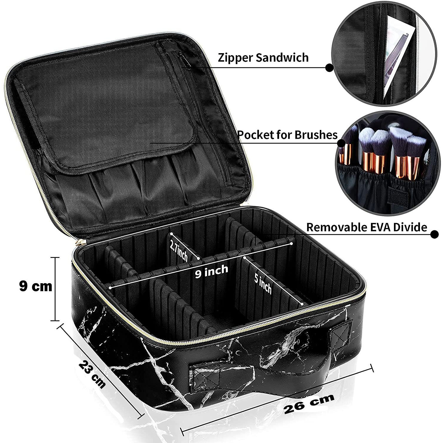 Seagull flight of fashion Cosmetic Bag, Makeup Organizer Bag for Home & Travel,Vanity Bag with Dividers for Brushes,Toiletries, Cosmetics 26 x 23 x 9 cm - Black Marble PU