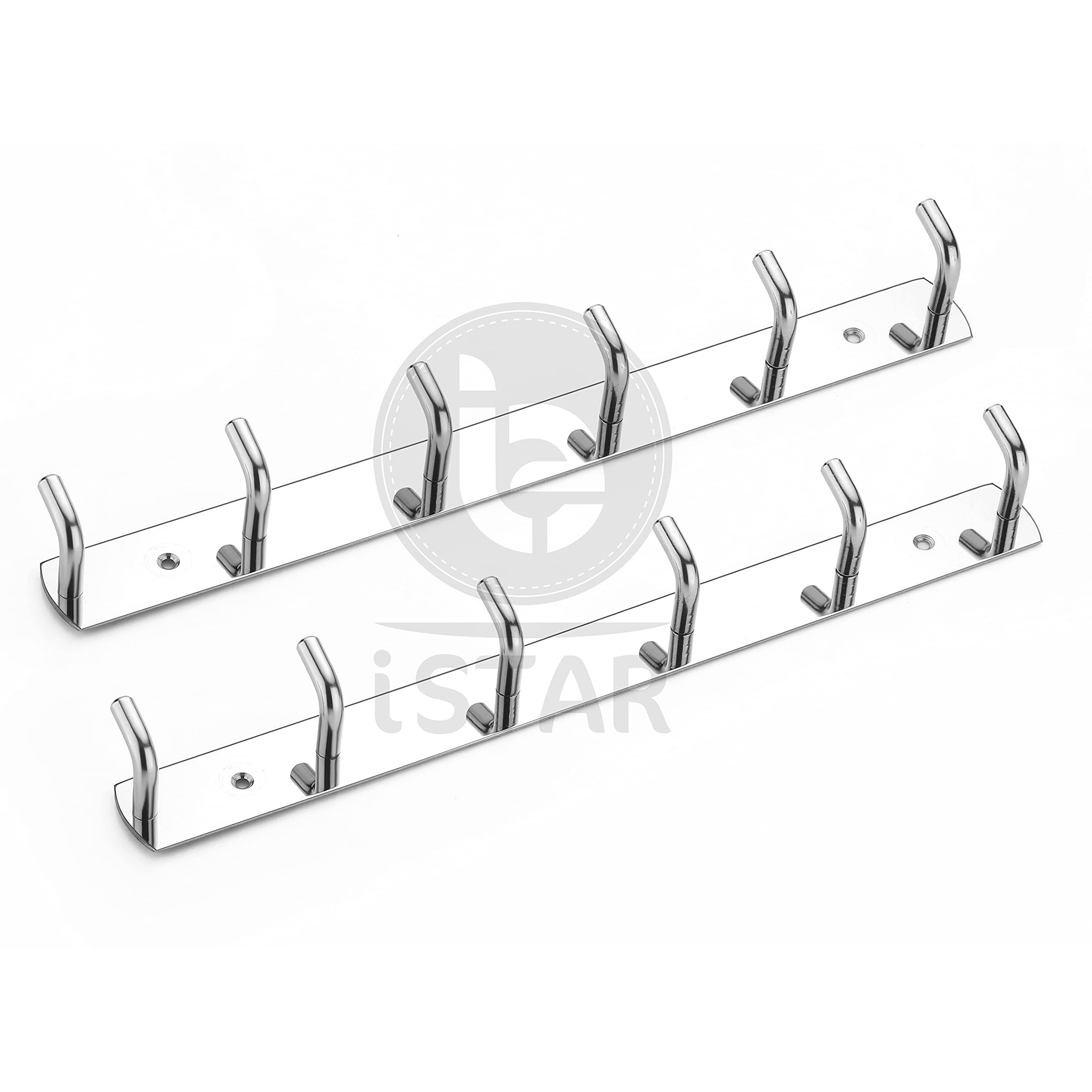 iSTAR Stainless Steel 6 Pin Bathroom Cloth Hooks Hanger Door Bathroom Robe Hooks Rail for Hanging Keys,Clothes,Towel Steel Hook (Silver) (Pack of 2)