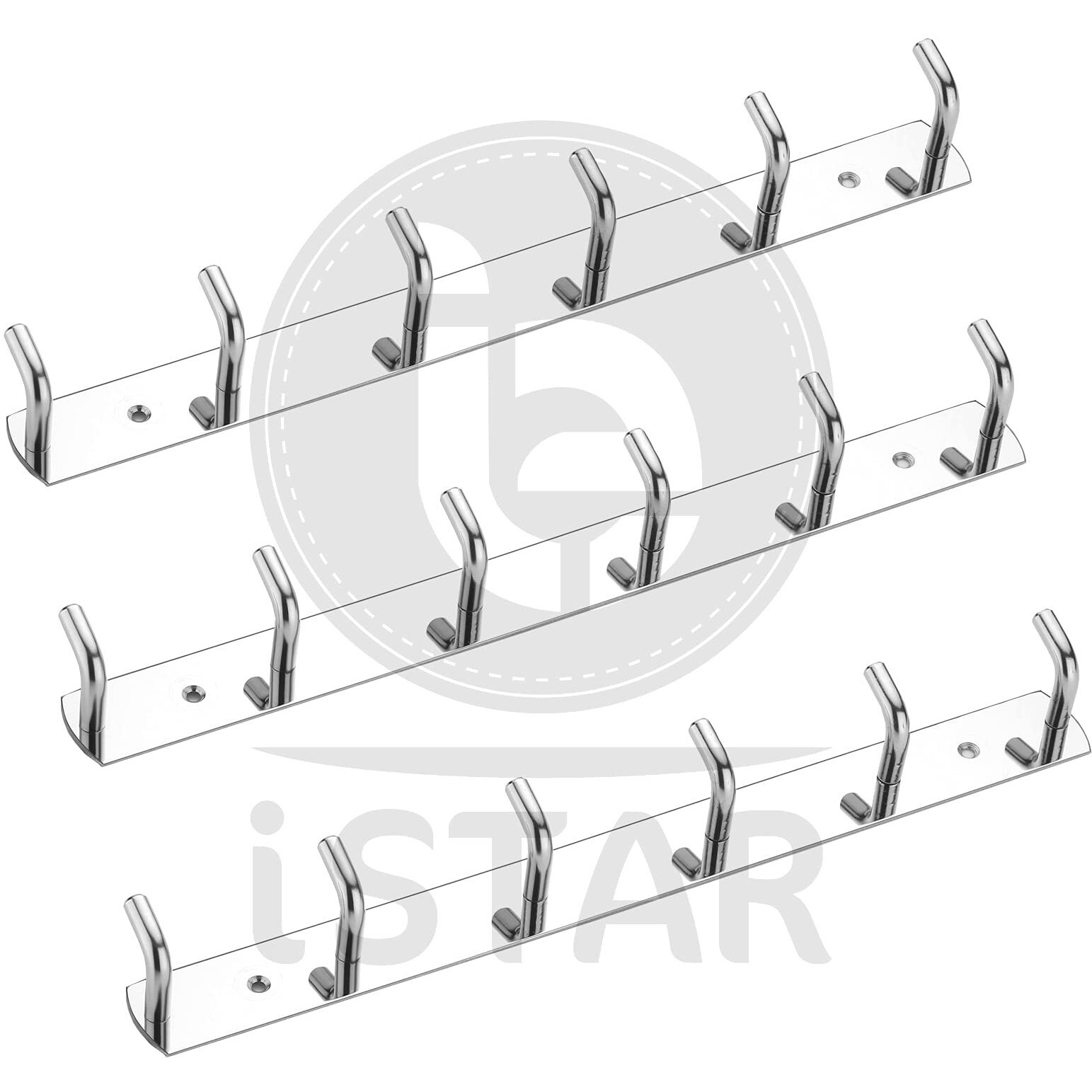 iSTAR Stainless Steel 6 Pin Bathroom Cloth Hooks Hanger Door Bathroom Robe Hooks Rail for Hanging Keys,Clothes,Towel Steel Hook (Silver) (Pack of 3)