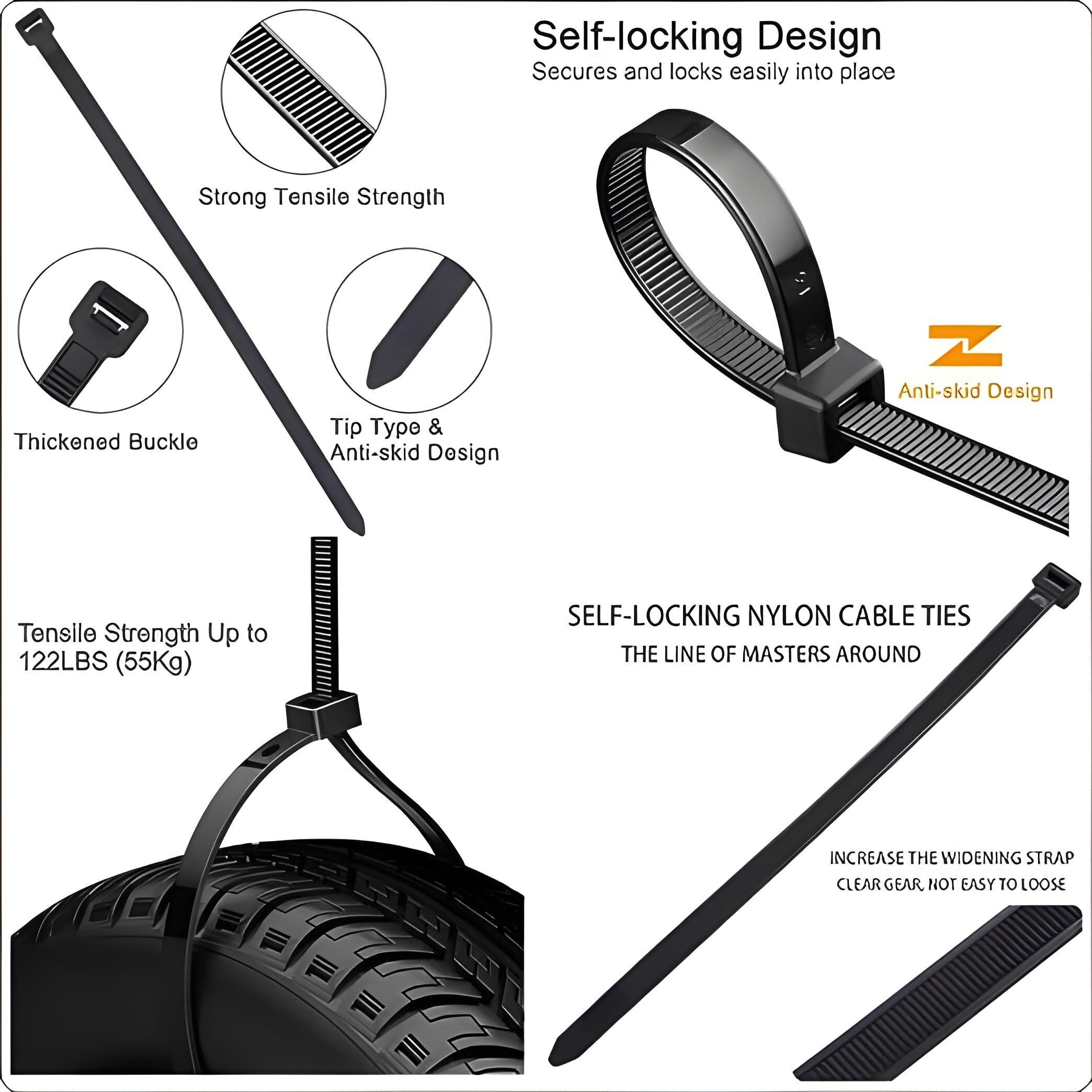 SHIVANSH TECHNOLOGY Teeth Grip Nylon Self Locking Zip Cable Ties,Black(200 mm x 2.5 mm,8  inch,Pack of 100)Multi-Purpose Heavy Duty Cord Management Ties,Plastic Ties for Home,Office,Garden,Workshop.