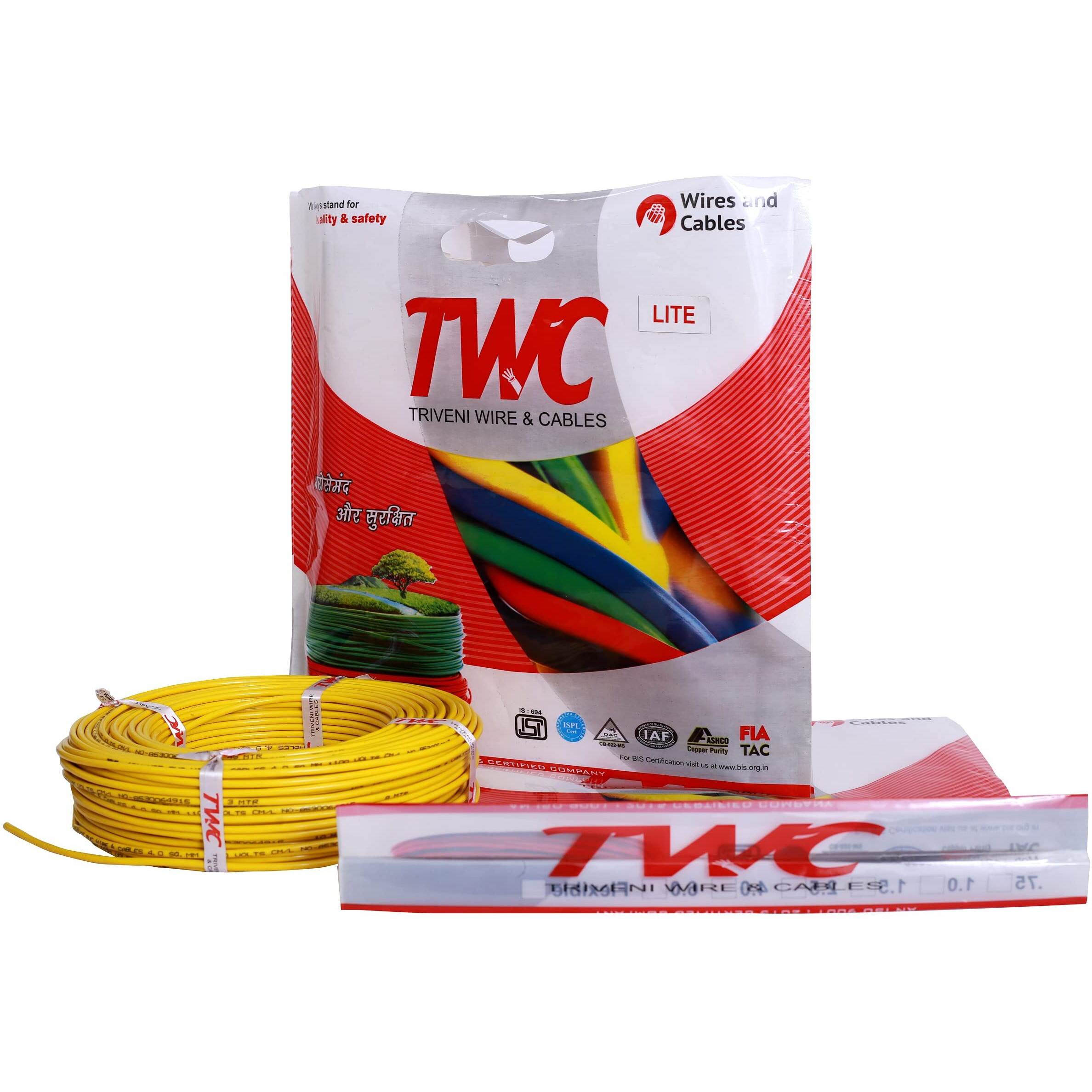 TWC Lite Single Core Electrical Wire |Yellow, 90 Meter, 0.75 SQ.MM. |PVC electrical insulated copper wire | Cable for Domestic & Industrial Connection purpose | Flame Resistant |