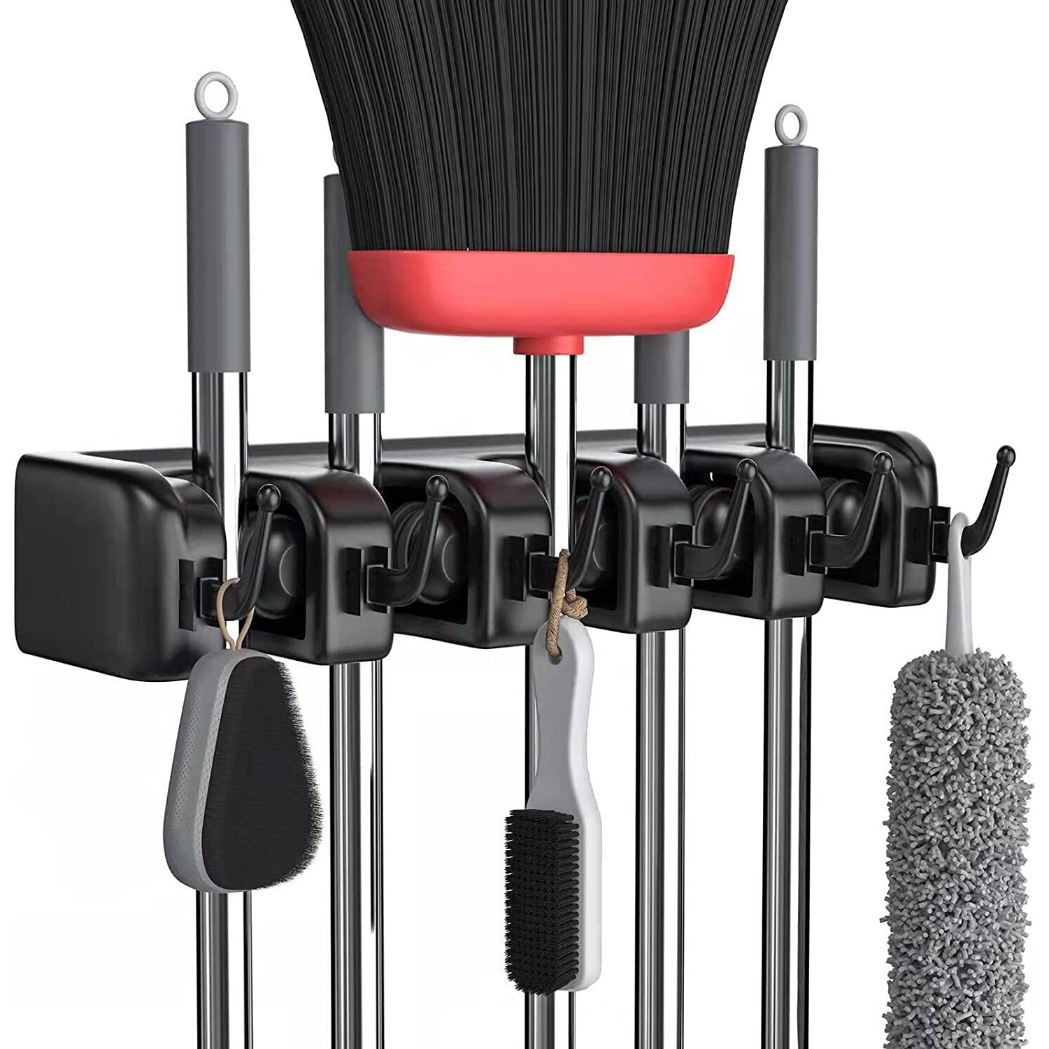 Zeinwap Plastic Mop And Broom Holder Wall Mount, Heavy Duty Broom Holder Wall Mounted Or Tool Organizer For Home Garden Garage And Storage (5 Positions With 6 Hooks, Black)