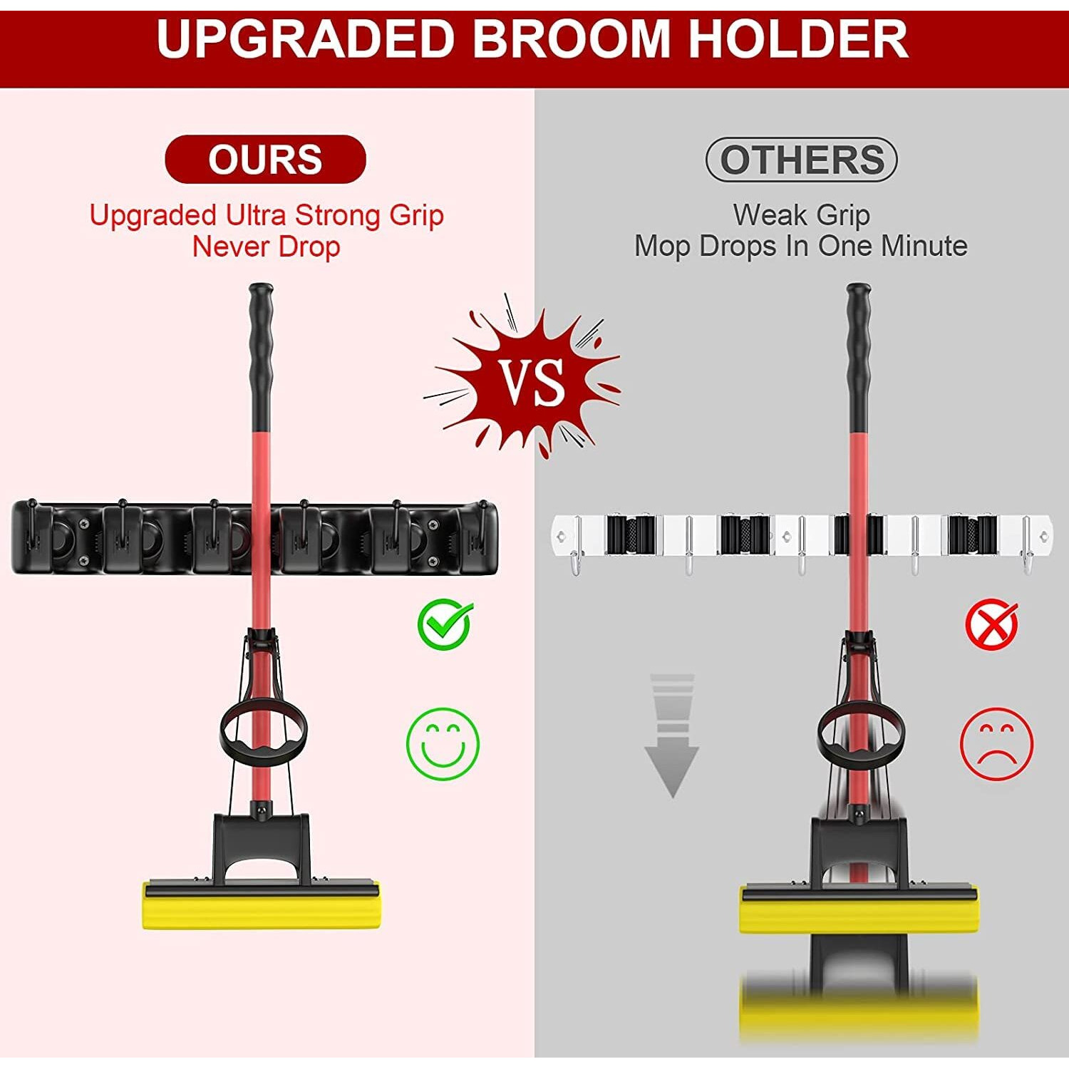 Zeinwap Plastic Mop And Broom Holder Wall Mount, Heavy Duty Broom Holder Wall Mounted Or Tool Organizer For Home Garden Garage And Storage (5 Positions With 6 Hooks, Black)