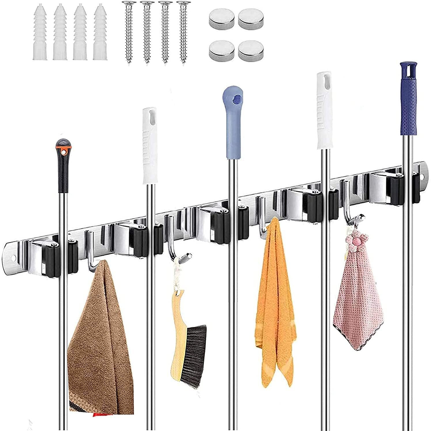 Zeinwap Broom Mop Holder Wall Mount Stainless Steel Wall Mounted Storage Organizer Heavy Duty Tools Hanger With 5 Racks 4 Hooks For Kitchen Bathroom Closet Garage Office Garden, Hanging Shelves