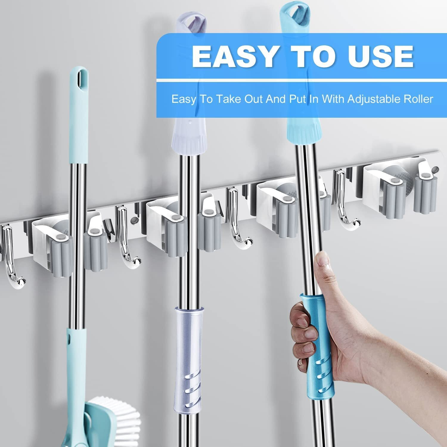 Zeinwap Broom Mop Holder Wall Mount Stainless Steel Wall Mounted Storage Organizer Heavy Duty Tools Hanger With 5 Racks 4 Hooks For Kitchen Bathroom Closet Garage Office Garden, Hanging Shelves