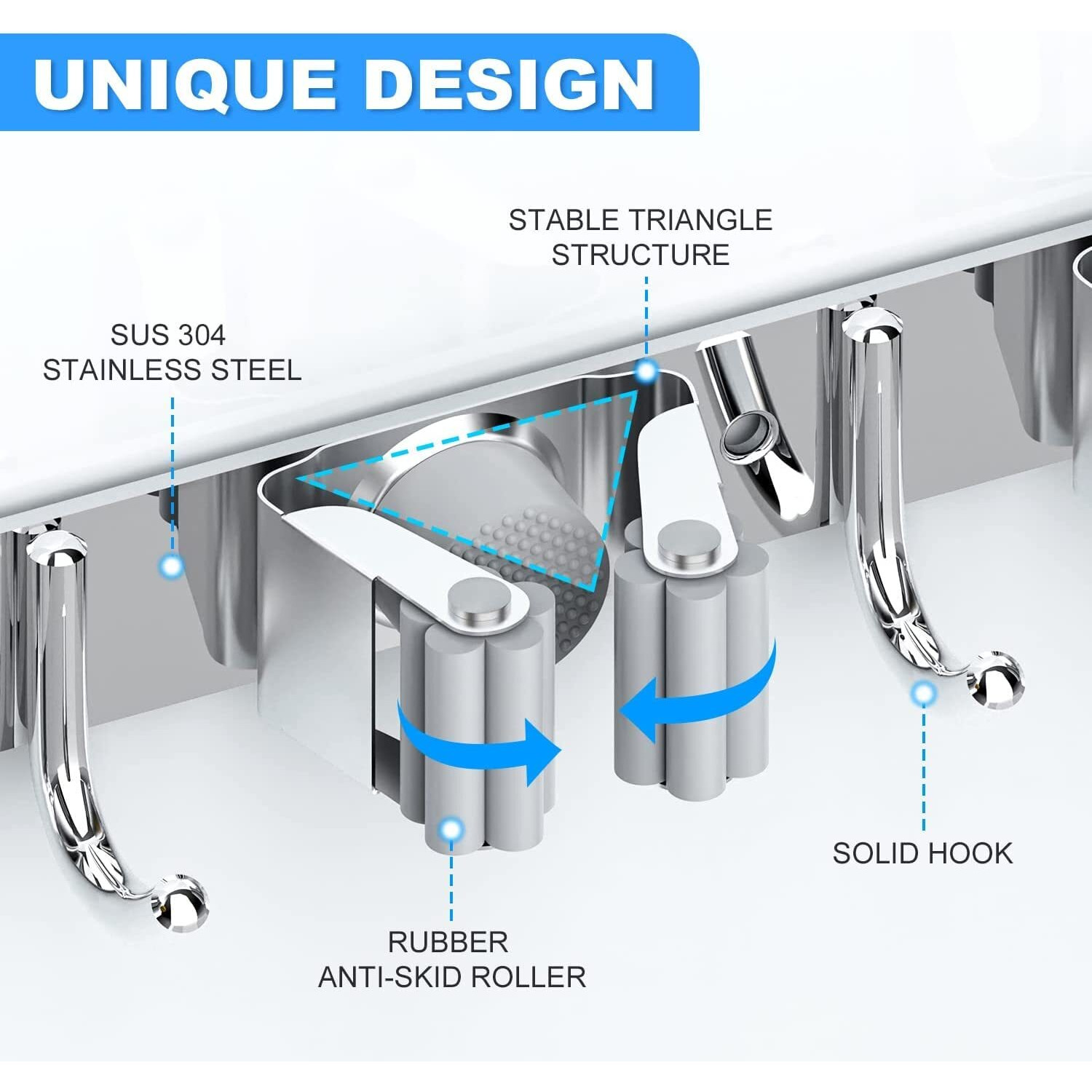 Zeinwap Broom Mop Holder Wall Mount Stainless Steel Wall Mounted Storage Organizer Heavy Duty Tools Hanger With 5 Racks 4 Hooks For Kitchen Bathroom Closet Garage Office Garden, Hanging Shelves