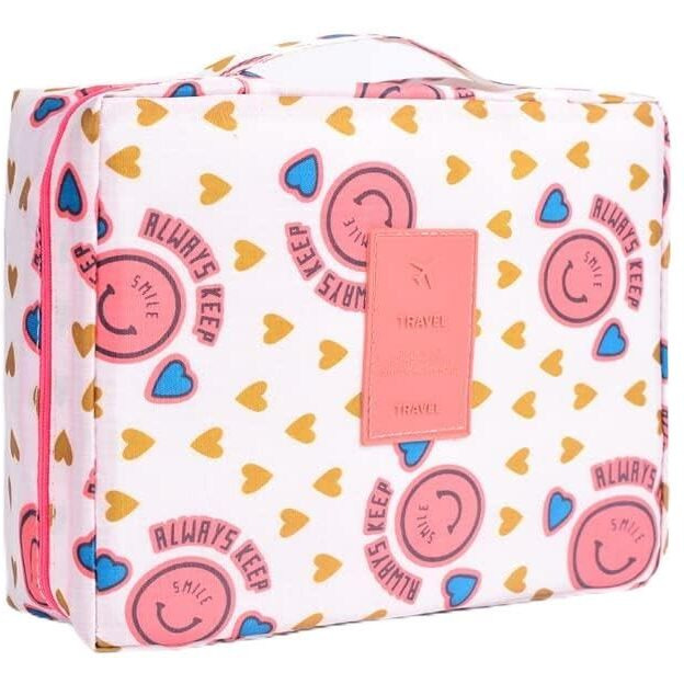 Viulvuk Multipurpose Travel Cosmetic Makeup Pouch | Multi Pockets Toiletry Bags & Travelling Pouches for Girls | Inner Ware Storage Organizer & Wash Bag for Women - Pink Smiley (Size 21x16x08 cm)