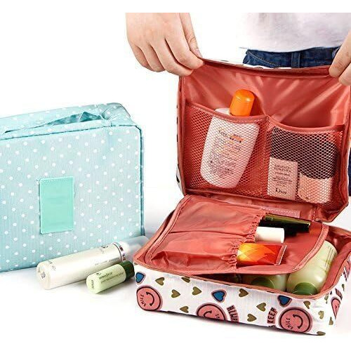 Viulvuk Multipurpose Travel Cosmetic Makeup Pouch | Multi Pockets Toiletry Bags & Travelling Pouches for Girls | Inner Ware Storage Organizer & Wash Bag for Women - Pink Smiley (Size 21x16x08 cm)