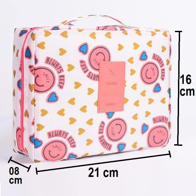 Viulvuk Multipurpose Travel Cosmetic Makeup Pouch | Multi Pockets Toiletry Bags & Travelling Pouches for Girls | Inner Ware Storage Organizer & Wash Bag for Women - Pink Smiley (Size 21x16x08 cm)