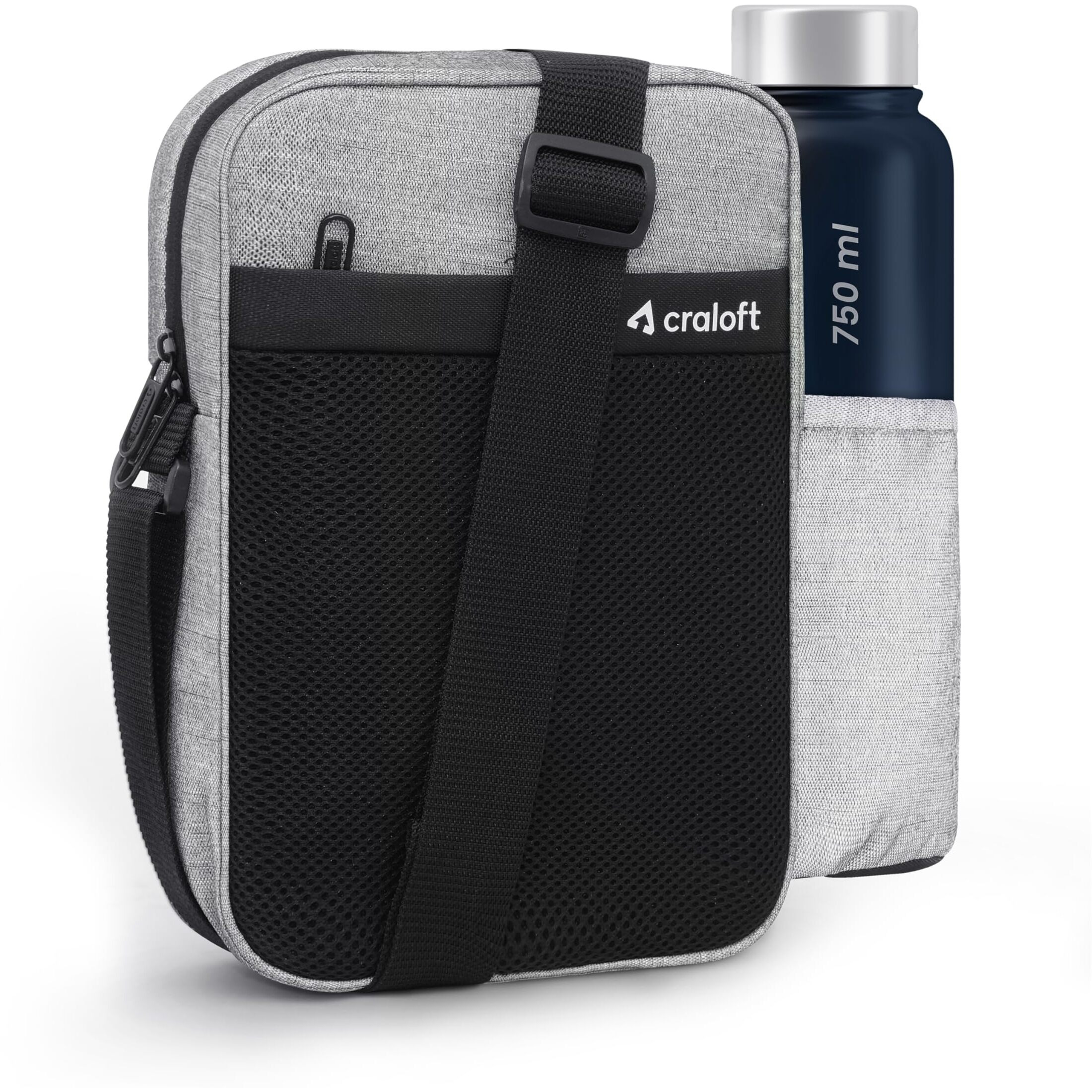 CRALOFT CrestCarryall Polyester 11.5 Inch Side Sling Bag/Crossbody Travel Bag for Men and Women, With Hideable Water-Bottle Pocket (S3, Grey_Black)