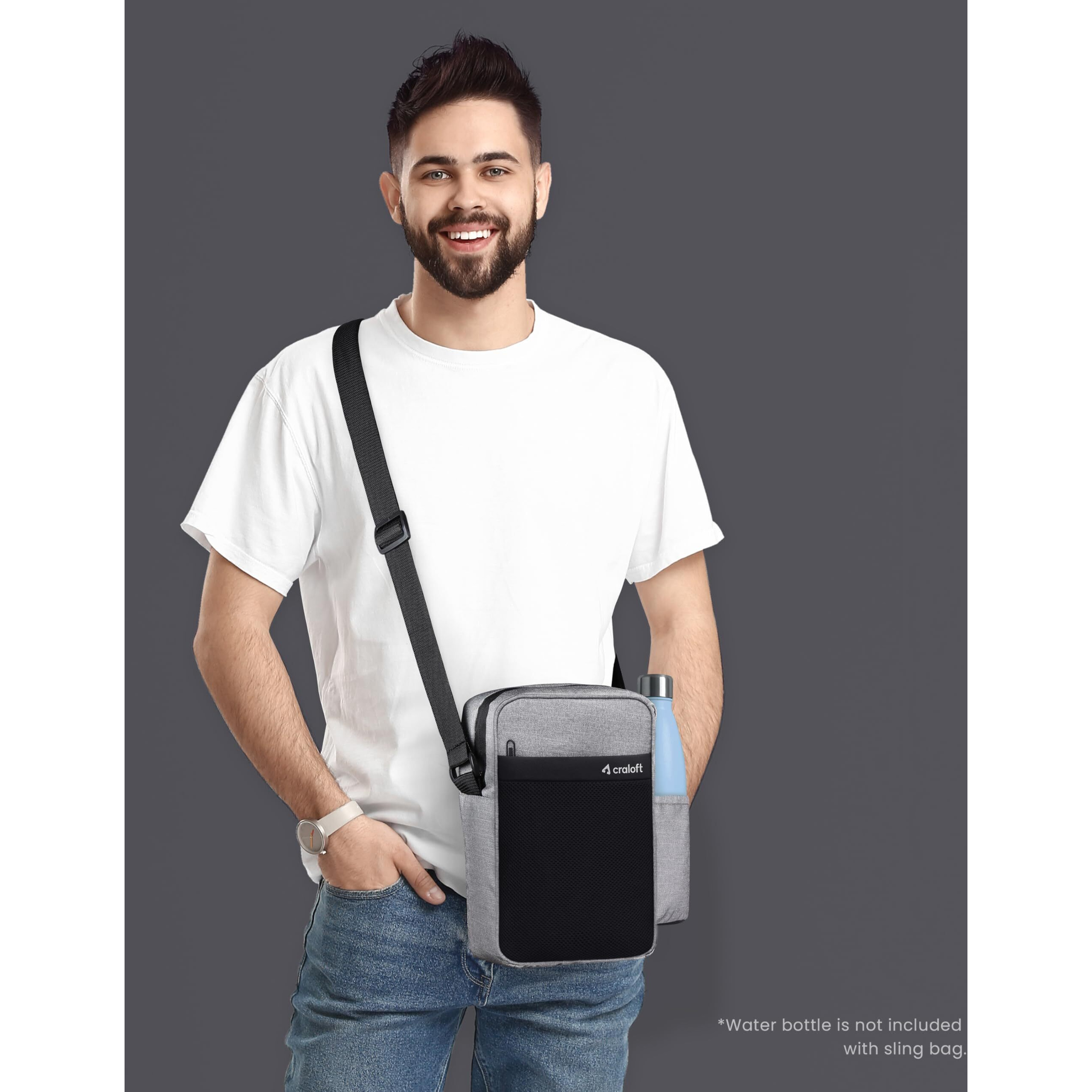 CRALOFT CrestCarryall Polyester 11.5 Inch Side Sling Bag/Crossbody Travel Bag for Men and Women, With Hideable Water-Bottle Pocket (S3, Grey_Black)