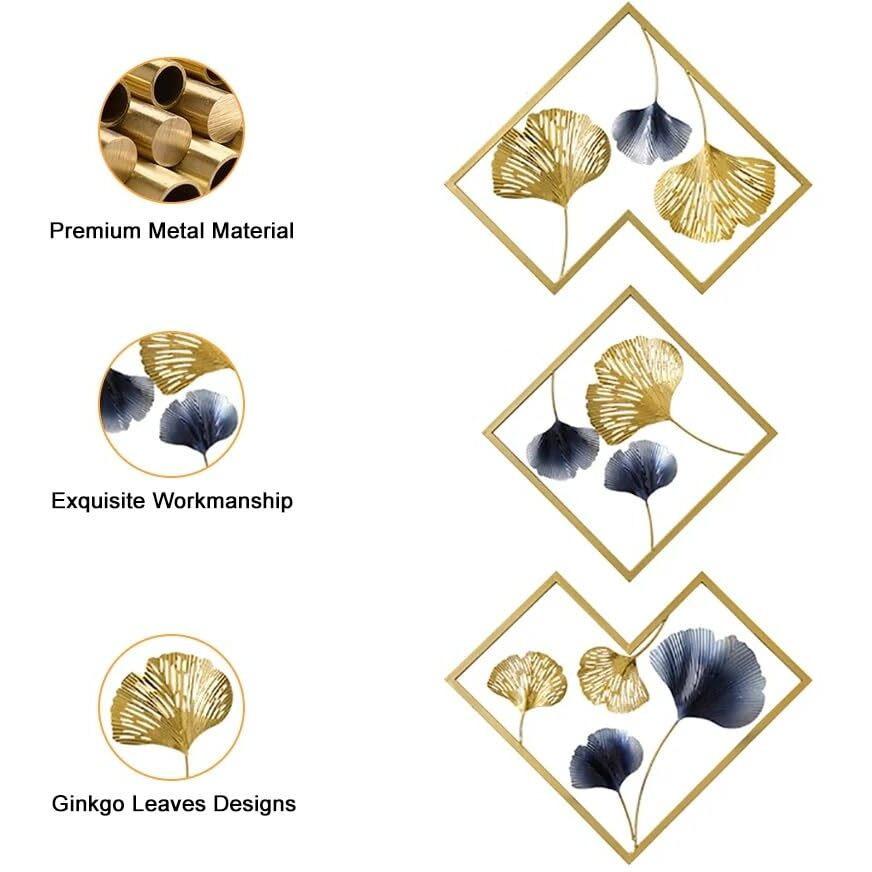 Design World Gifts And Interiors Metal Wall Art | Wall Decor/Wall Sculpture/Gingko Leaf Hanging/Decor | For Living Room, Office, Bedroom, Hotel Set of 3