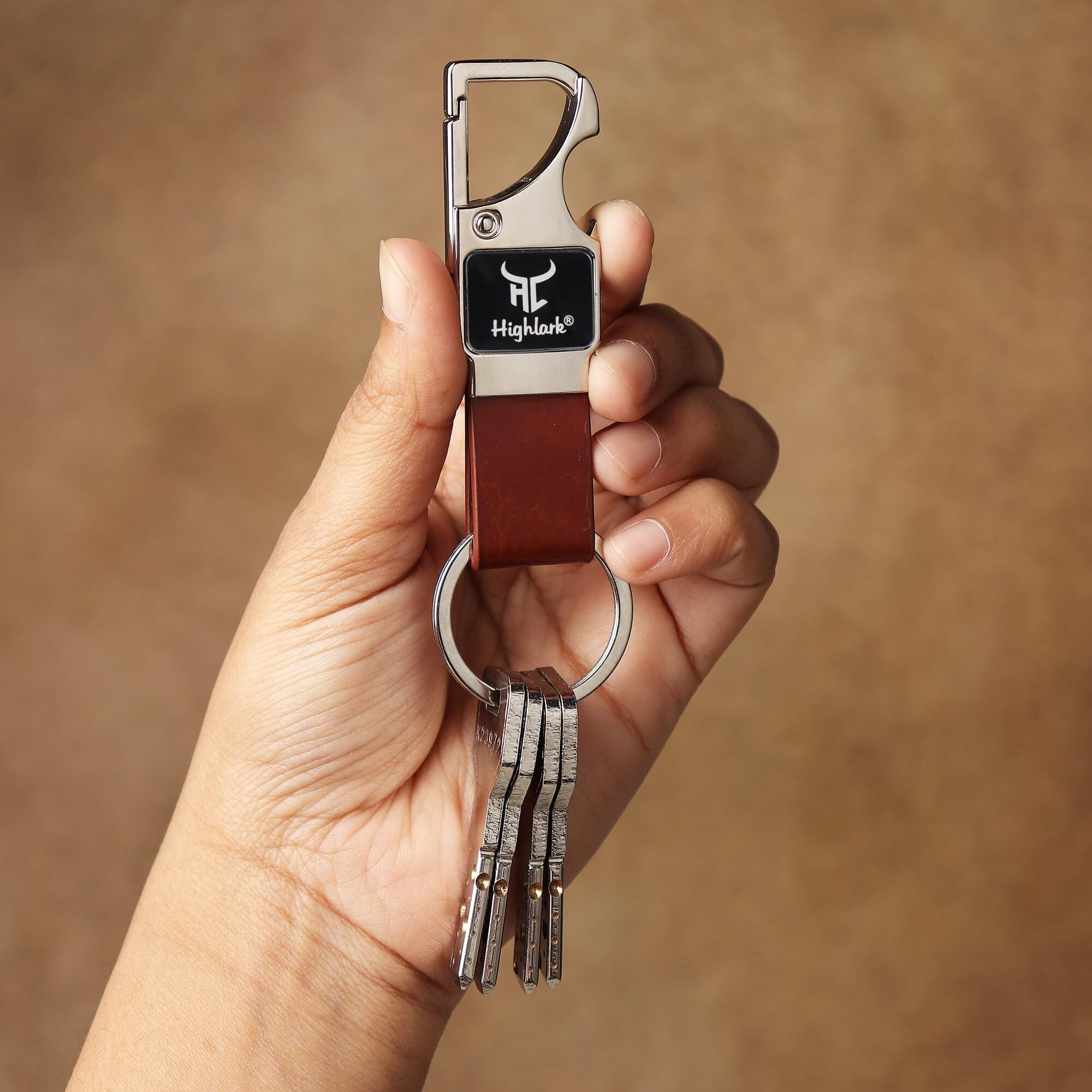 Highlark Premium And Stylish Metal Keychain | Key Ring Hook | Key Chain For Home, Office, Car & Bike | Heavy Duty Key Chain For Men & Women, Brown