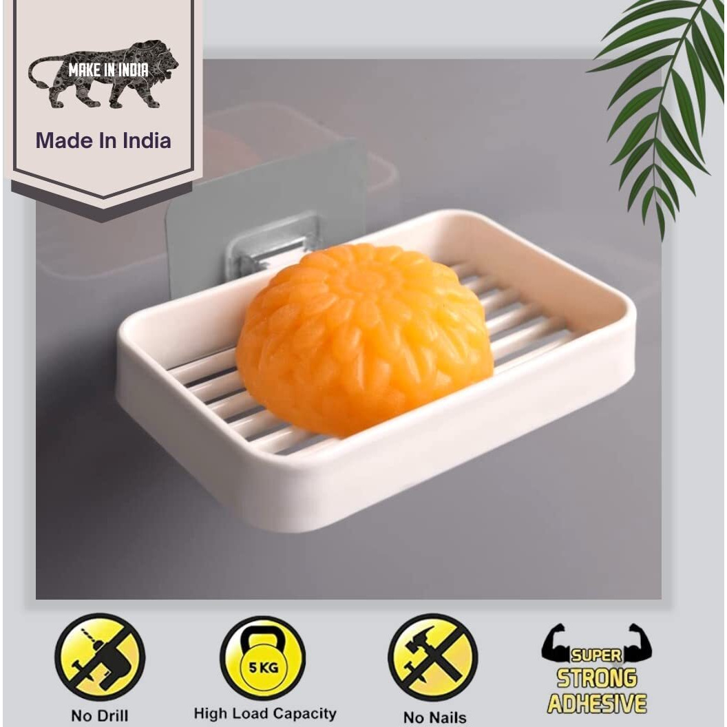 SUNSHREE Plastic (2 Pcs) Wall Mounted Self Draining Soap Dish Holder Case -Hanging Waterproof Box Storage Rack With Self Adhesive Magic Sticker For Bathroom, Kitchen, Bathtub, Washbasins