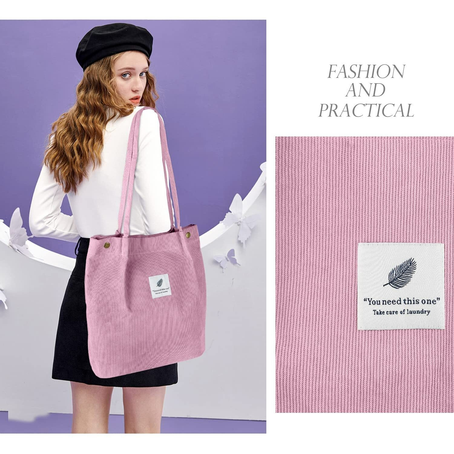 Street27 Korean Canvas Corduroy Tote Bag Casual Work Shoulder Handbags, Multi-Purpose Bag, Sturdy Canvas Bag With Large Capacity, Shopping Bag For Office, College & Daily Use (Pink, Womens)
