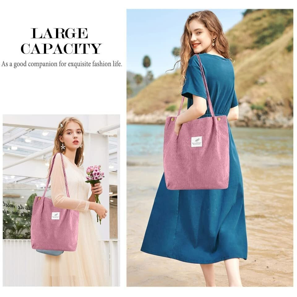 Street27 Korean Canvas Corduroy Tote Bag Casual Work Shoulder Handbags, Multi-Purpose Bag, Sturdy Canvas Bag With Large Capacity, Shopping Bag For Office, College & Daily Use (Pink, Womens)
