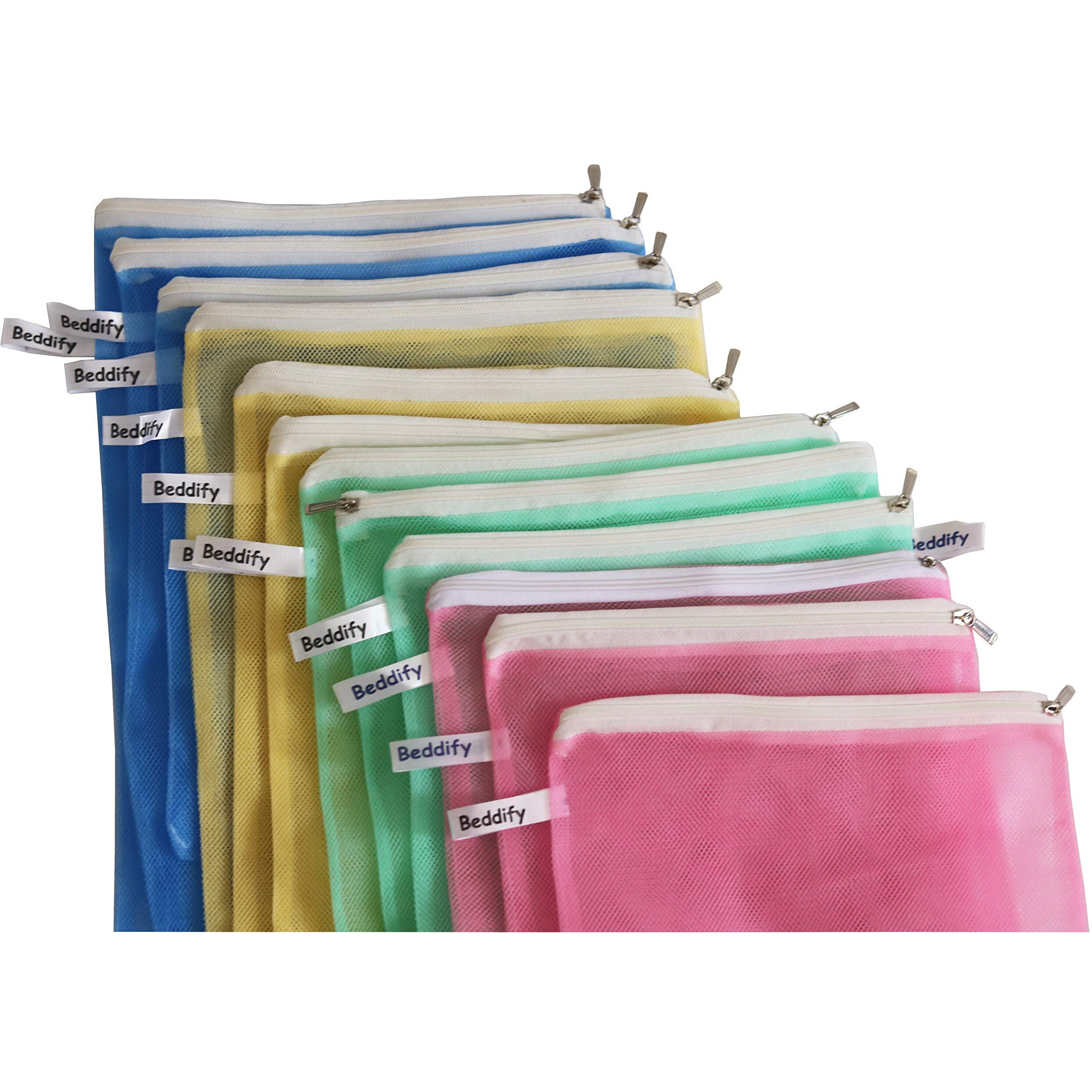 Beddify Set of 9 Reusable Fridge Storage Bags for Vegetables and Fruits Dual Layer Mesh Net Multipurpose Multi-Size Kitchen Storage Bags Organizer with Sturdy Zipper