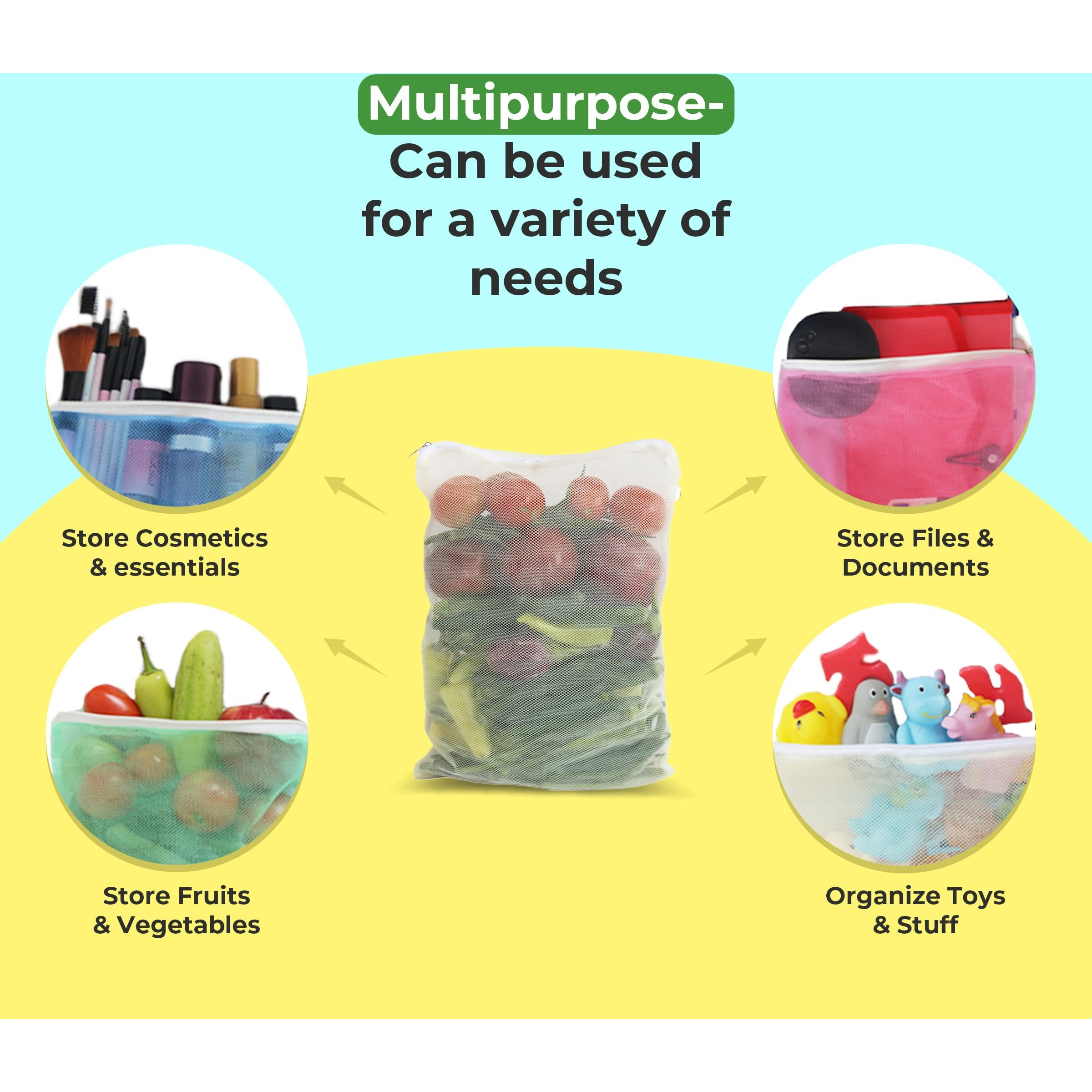 Beddify Set of 9 Reusable Fridge Storage Bags for Vegetables and Fruits Dual Layer Mesh Net Multipurpose Multi-Size Kitchen Storage Bags Organizer with Sturdy Zipper