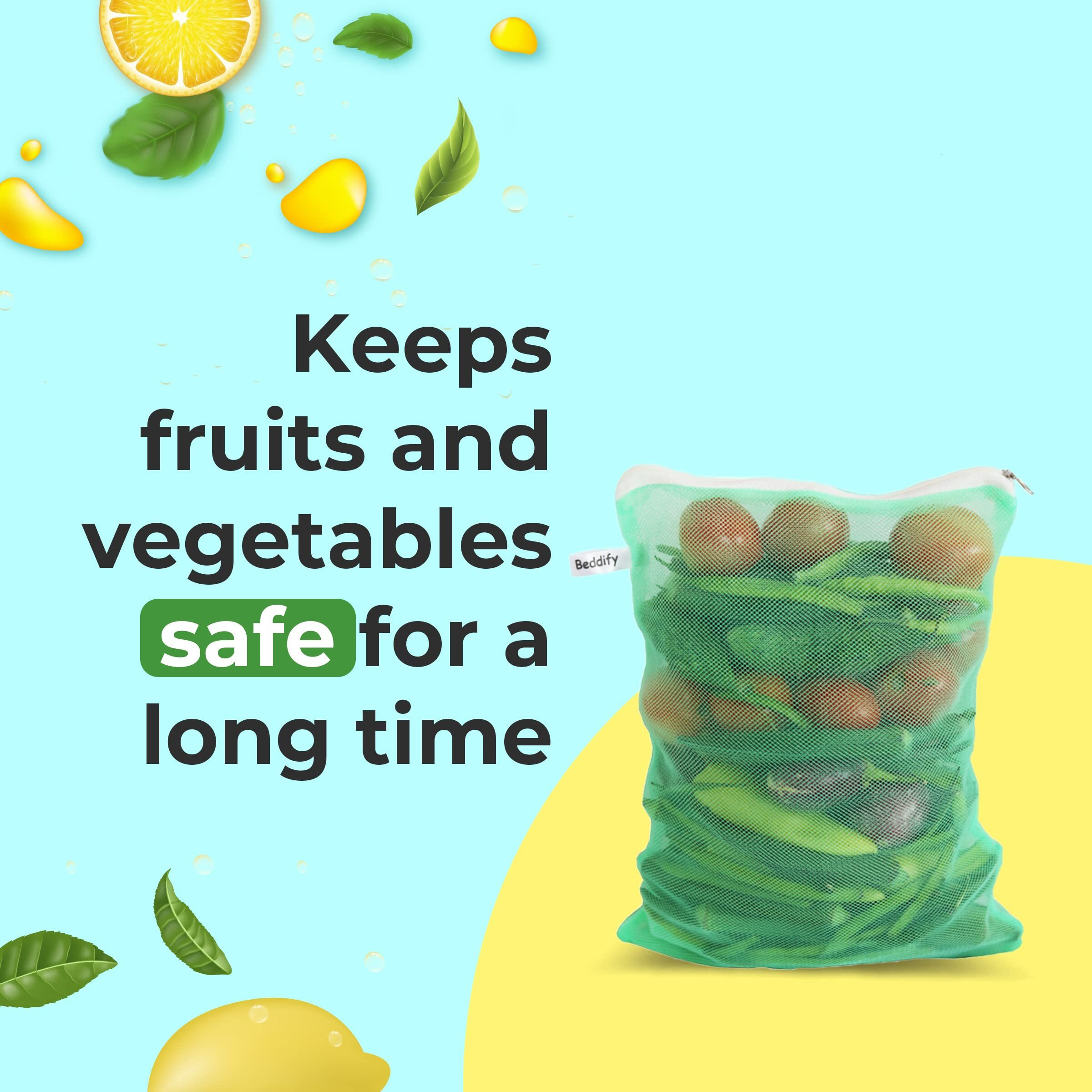 Beddify Set of 9 Reusable Fridge Storage Bags for Vegetables and Fruits Dual Layer Mesh Net Multipurpose Multi-Size Kitchen Storage Bags Organizer with Sturdy Zipper