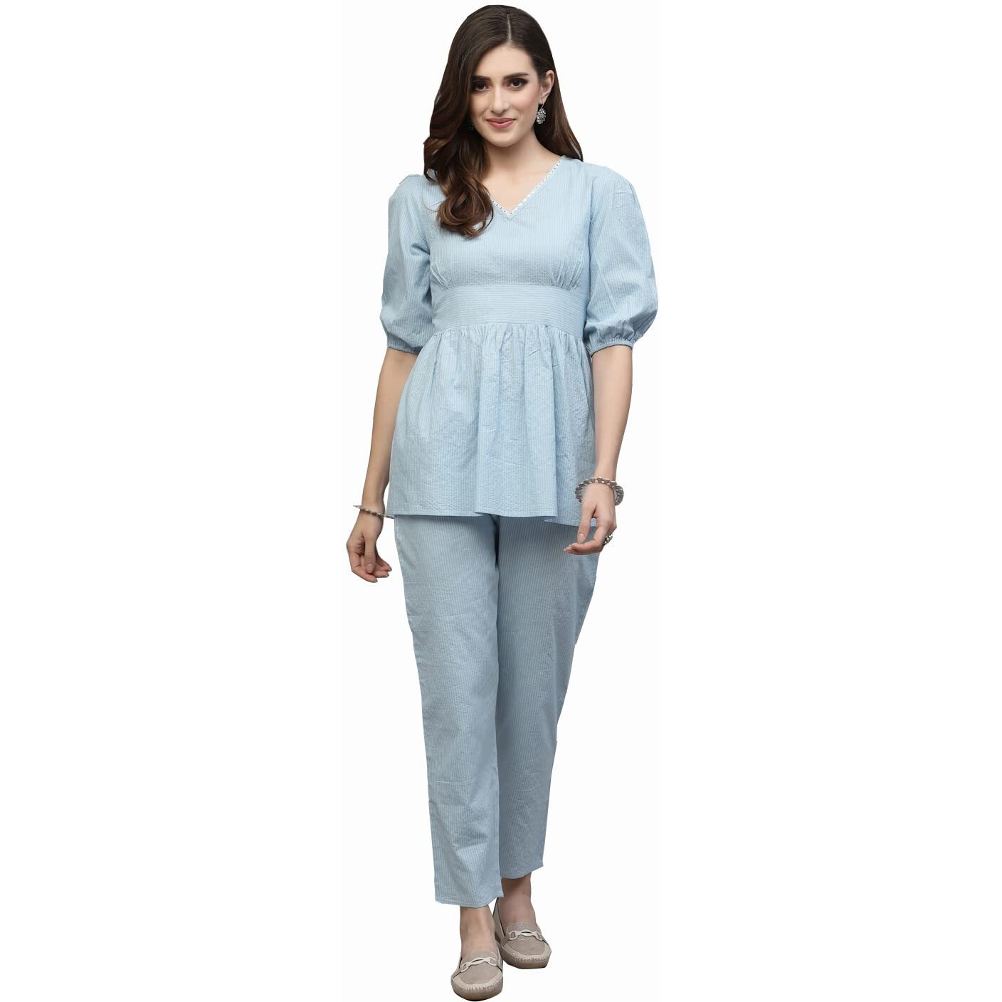 Stylum Women s Self Woven Kantha Cotton Cord Set (SKYKATHACORDS34_Blue, XS)