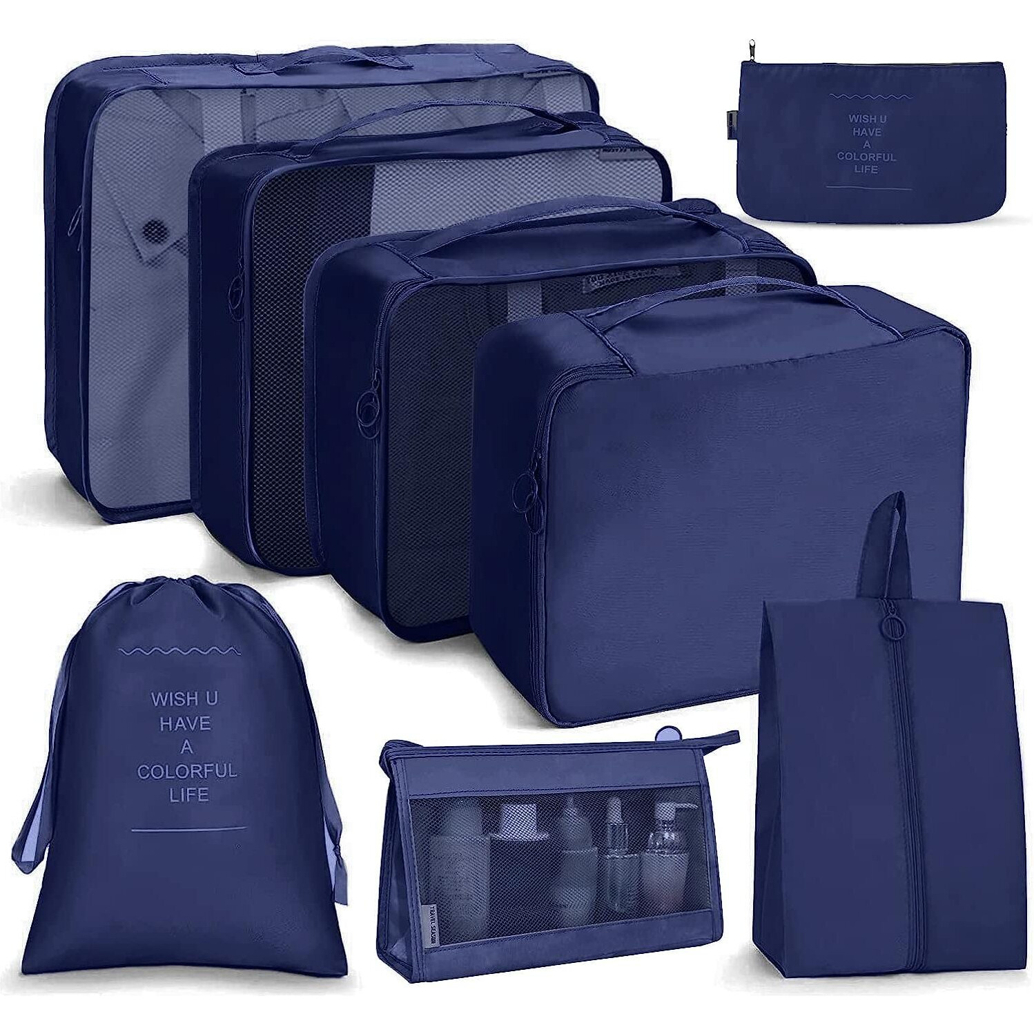 Oceanevo 8 Pcs Packing Cubes for Travel, Travel Organizer Bags for Luggage, Suitcase with Toiletry Pouch and Shoe Bag - Set of 8 - Navy Blue, Mesh