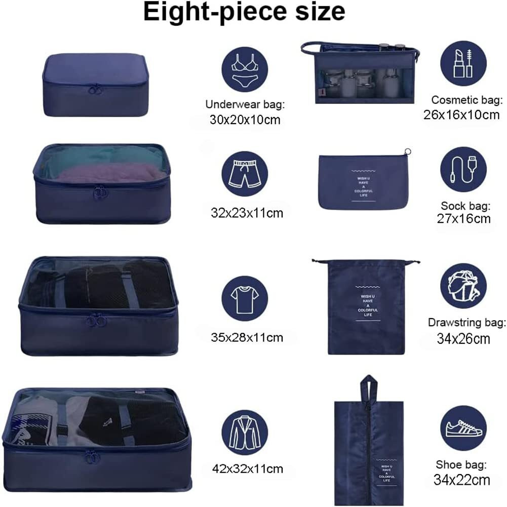 Oceanevo 8 Pcs Packing Cubes for Travel, Travel Organizer Bags for Luggage, Suitcase with Toiletry Pouch and Shoe Bag - Set of 8 - Navy Blue, Mesh