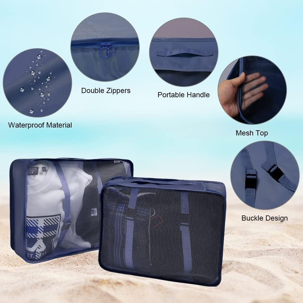 Oceanevo 8 Pcs Packing Cubes for Travel, Travel Organizer Bags for Luggage, Suitcase with Toiletry Pouch and Shoe Bag - Set of 8 - Navy Blue, Mesh