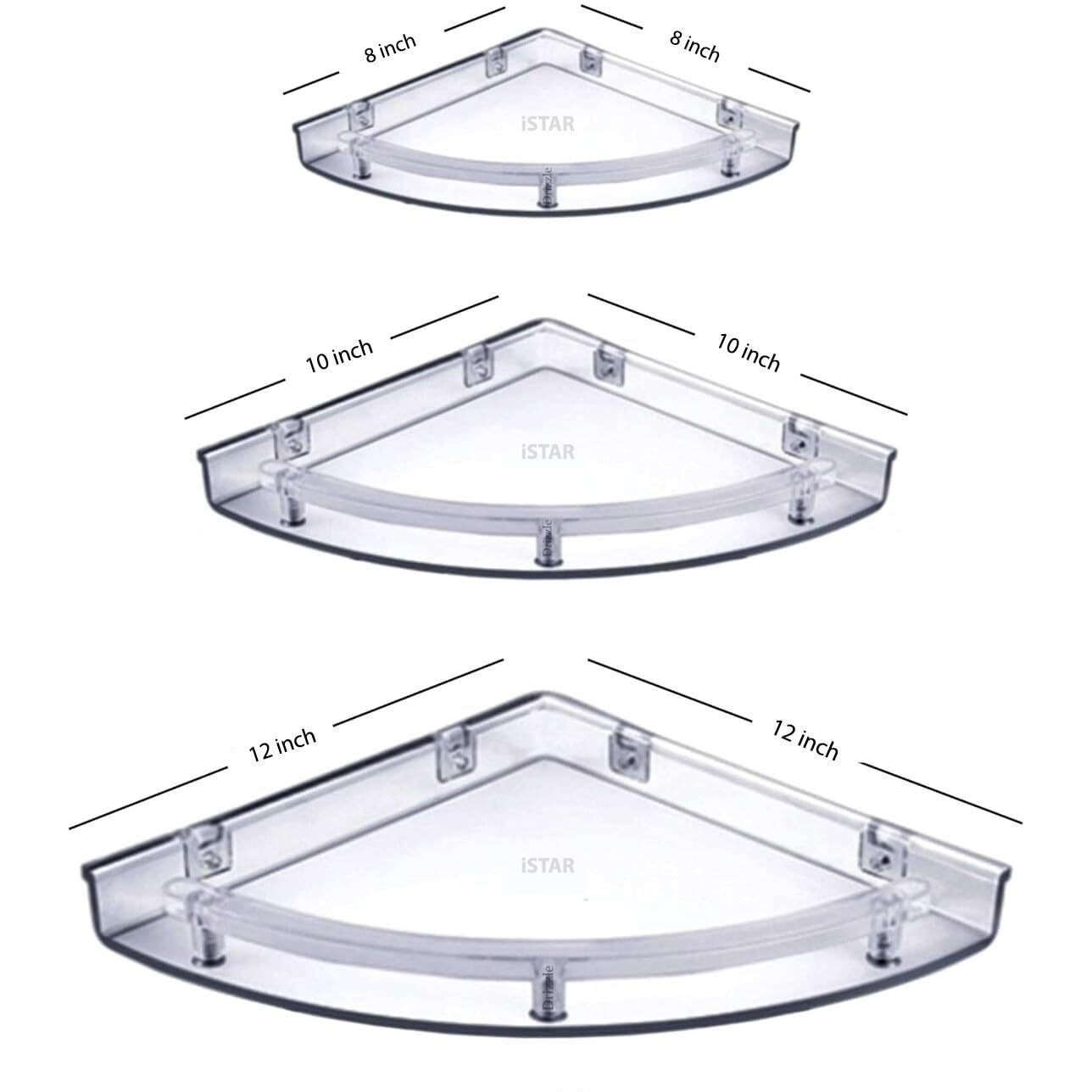 iSTAR Multipurpose Unbreakable Acrylic Bathroom Shelves Bathroom Accessories Corner Wall Shelf (Size 8 inch, 10 Inch, 12 Inch) (3 Piece Set) (Transparent)