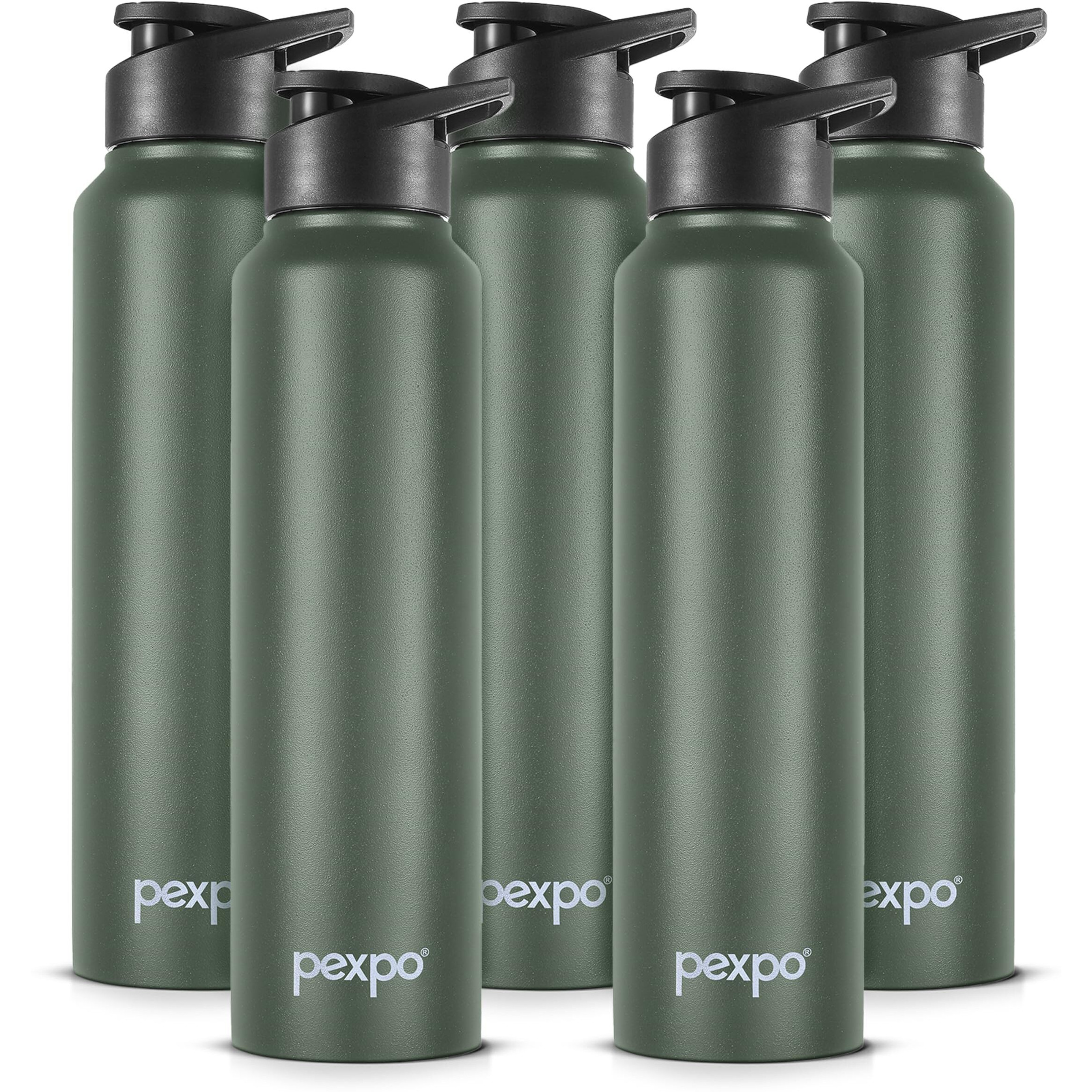 PEXPO Chromo Stainless Steel Sports/Fridge Sipper Water Bottle 1 Litre, Military Green Pack of 5 | Eco friendly | BPA Free | Water Bottle for Office, Gym, School, Yoga, Trekking, Men, Women and Kids